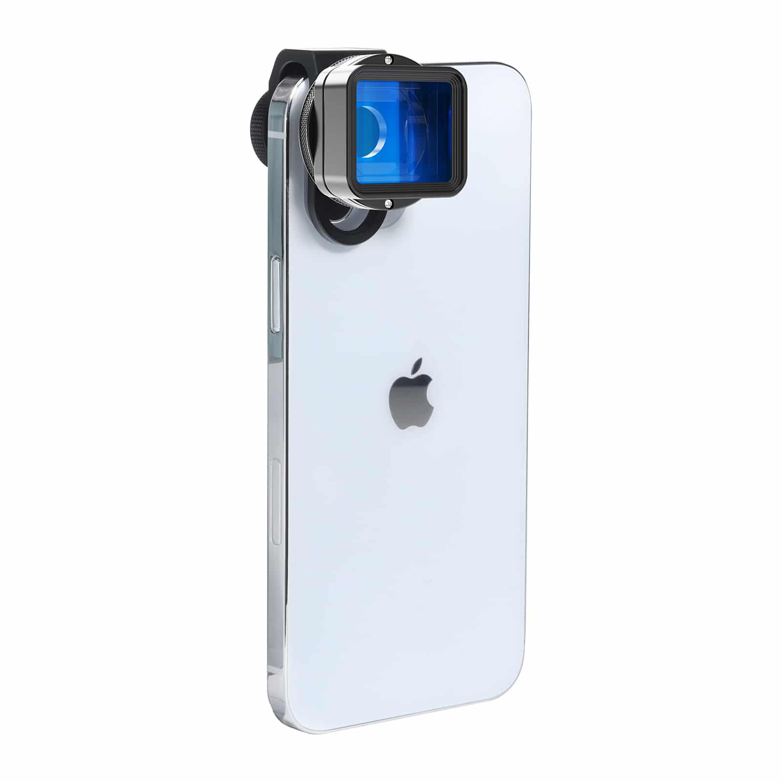 iPhone avec un filtre d'objectif attaché, vu de dos.