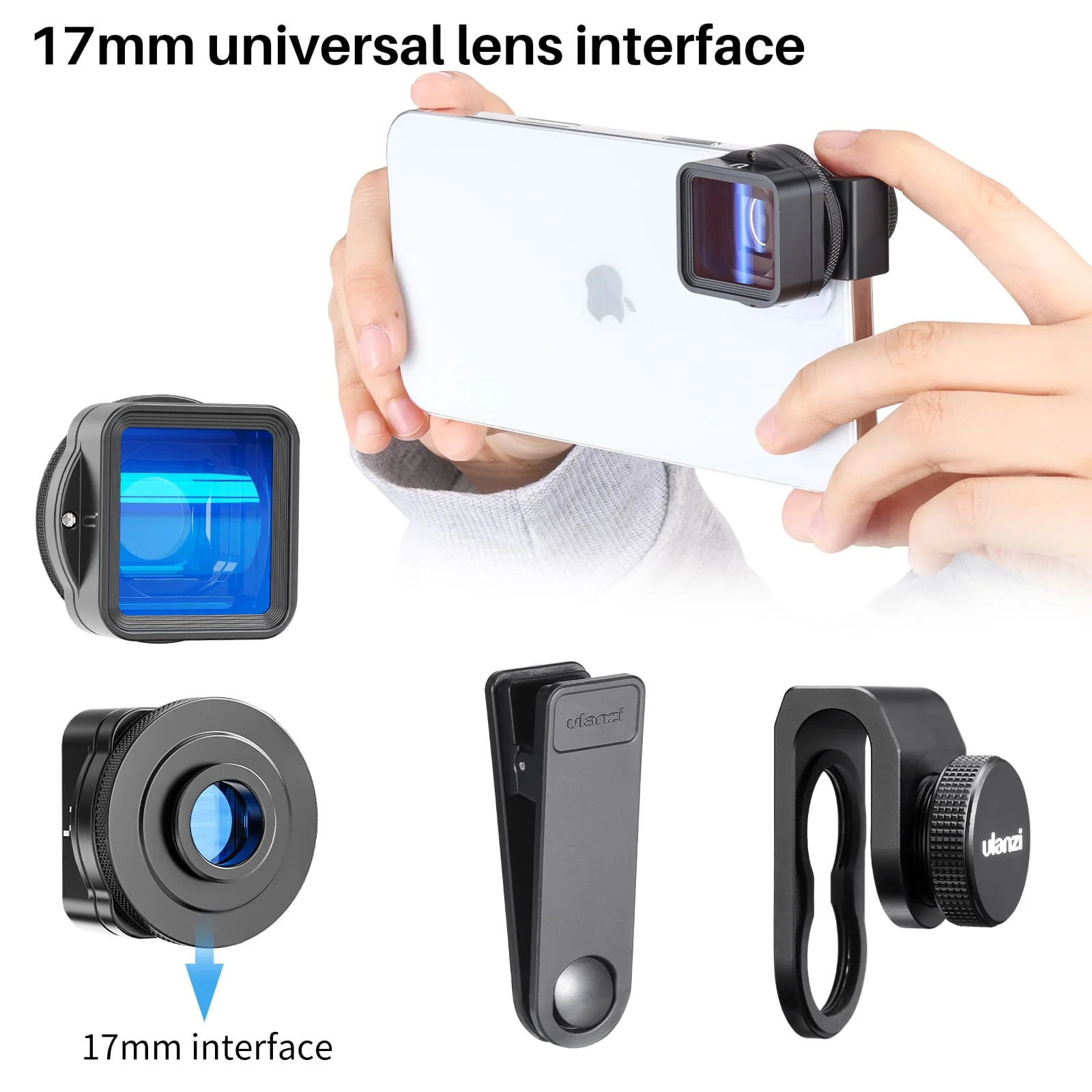 Divers accessoires d'objectifs de téléphone. Un téléphone est montré avec un objectif attaché.