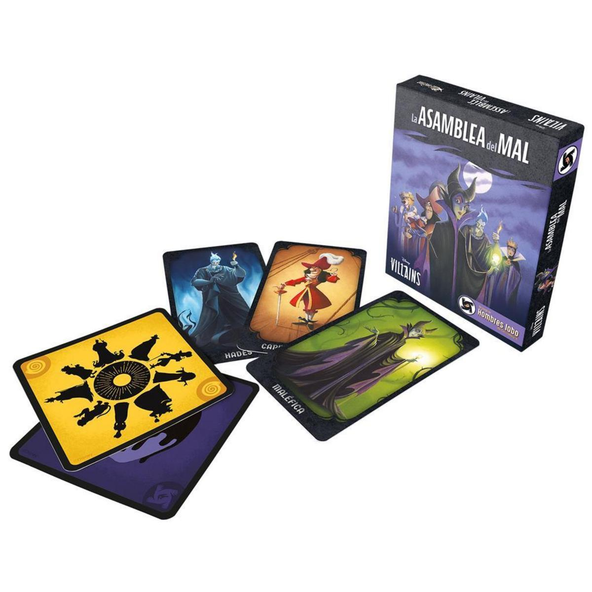 Caja de juego de mesa con ilustraciones de villanos y cartas con varios personajes.