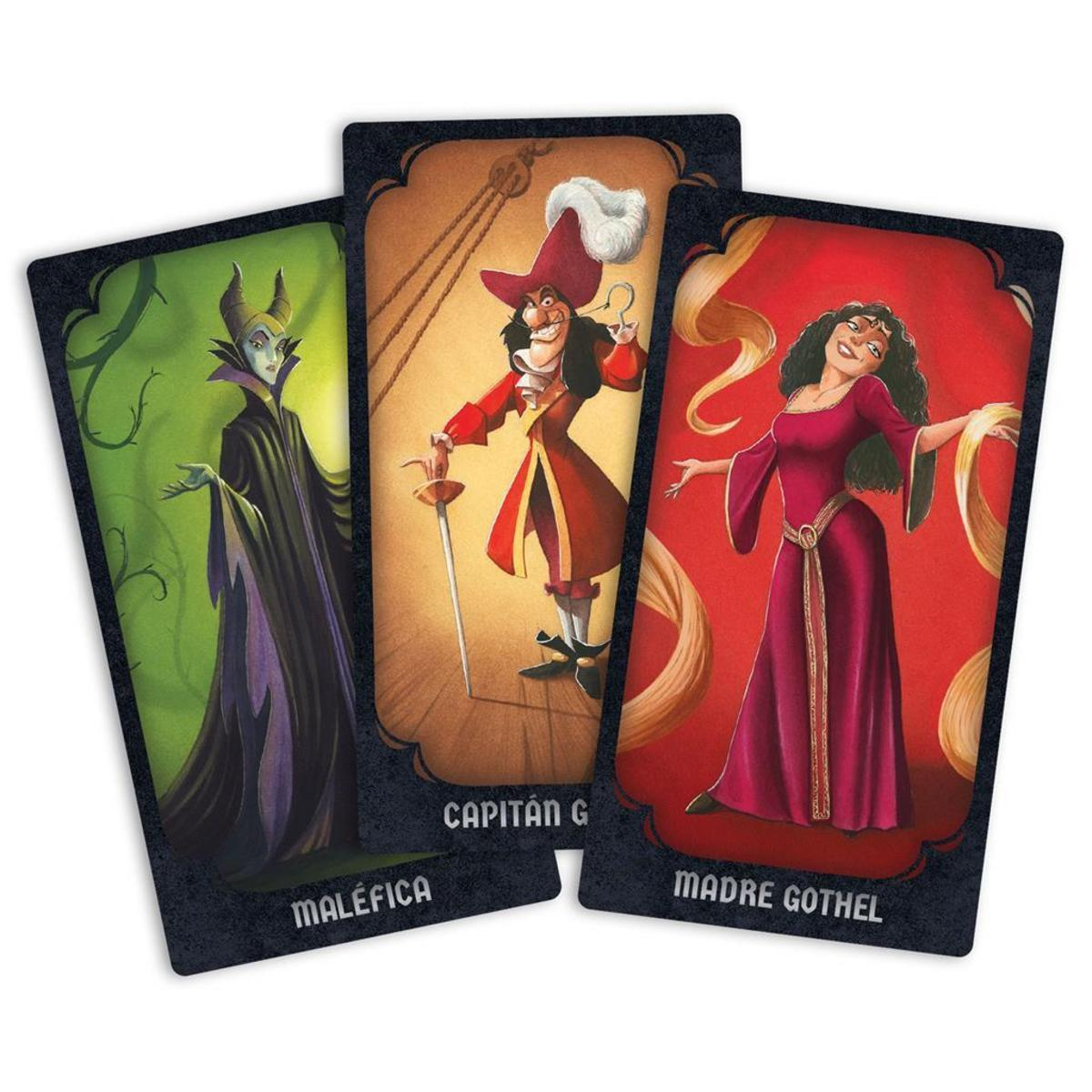 Tres cartas de dibujos animados: Maléfica, Capitán Garfio y Madre Gothel. Cada carta tiene una ilustración de personaje y nombre.