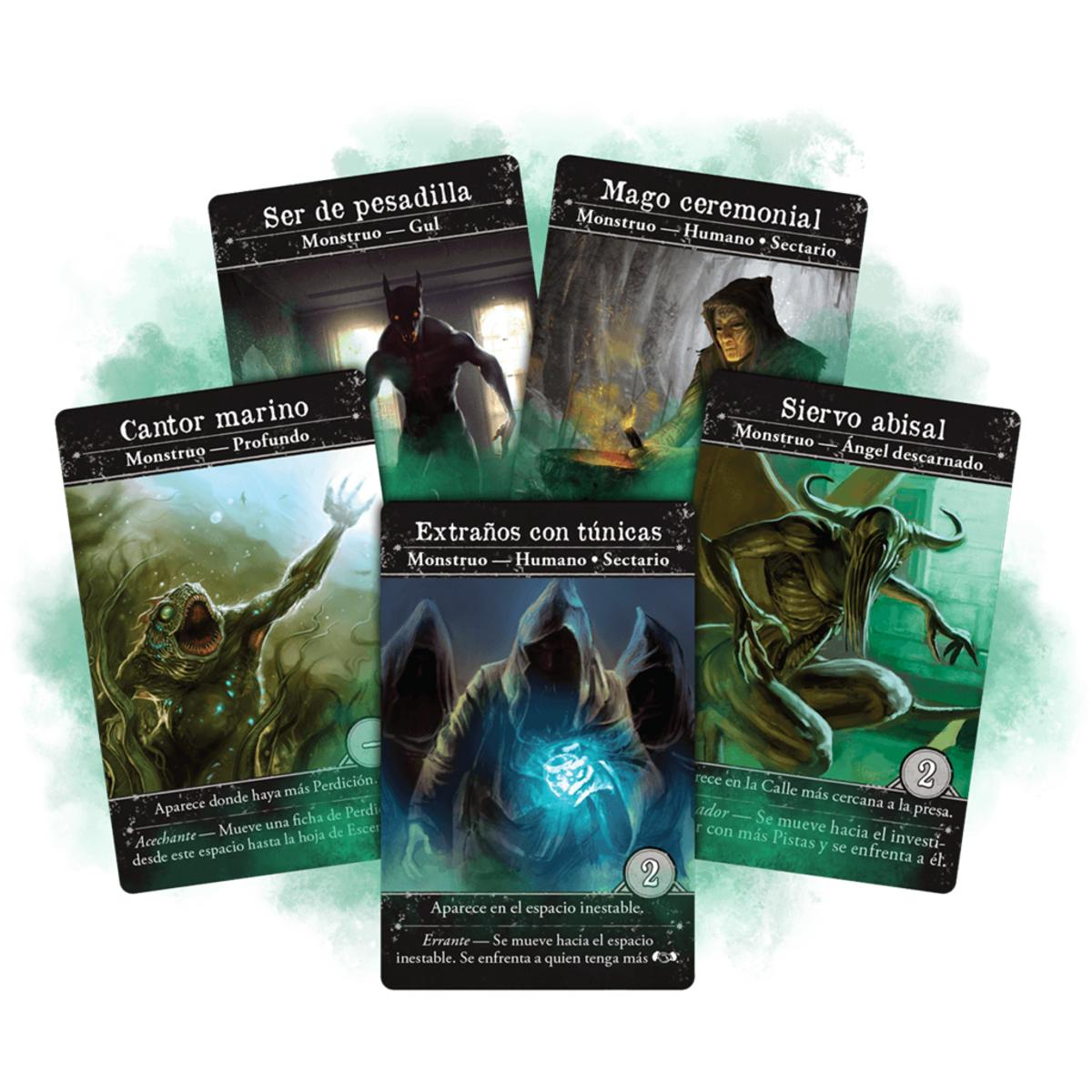 Cartas de juego con arte de fantasía. Una muestra a Batman. Otras cartas tienen monstruos y figuras con fondos oscuros.