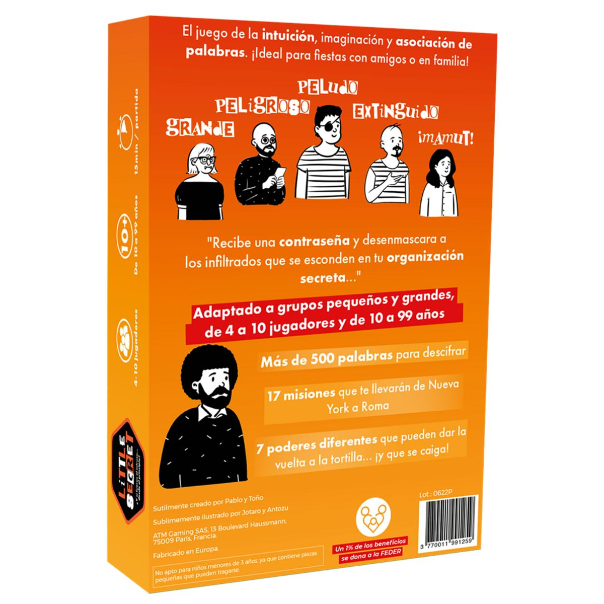 Caja de juego con texto e ilustraciones. Incluye personas y palabras.