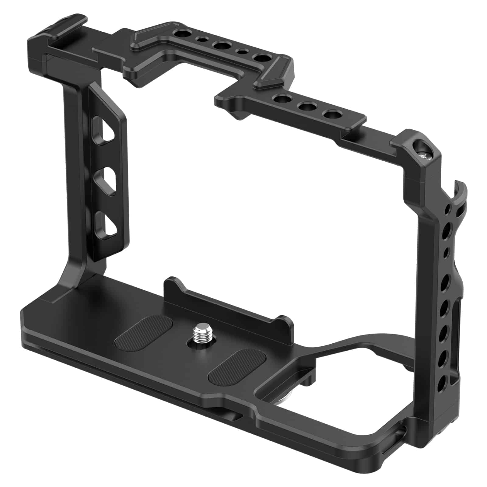 Zwarte metalen camerakooi met verschillende schroefgaten en bevestigingspunten.