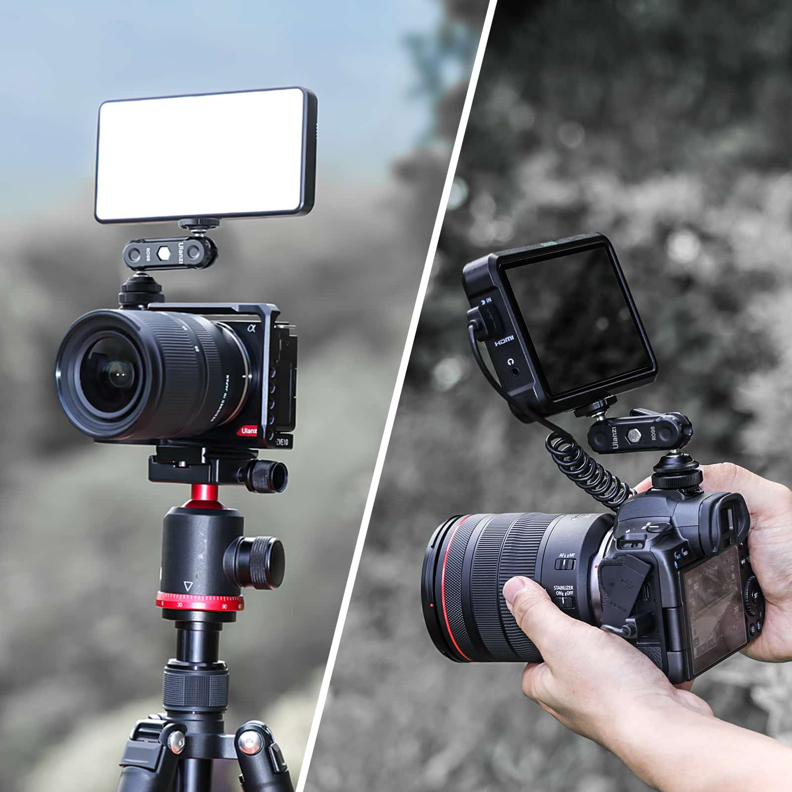 Dwie kamery na statywach. Jedna ma światło, a druga ekran.