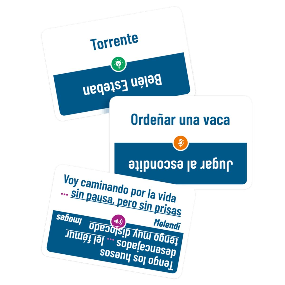 Tres cartas de juego con texto en español. Una tiene un icono de altavoz.
