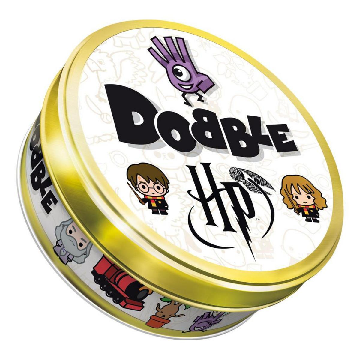 Una lata dorada del juego Dobble Harry Potter con personajes de Harry Potter.