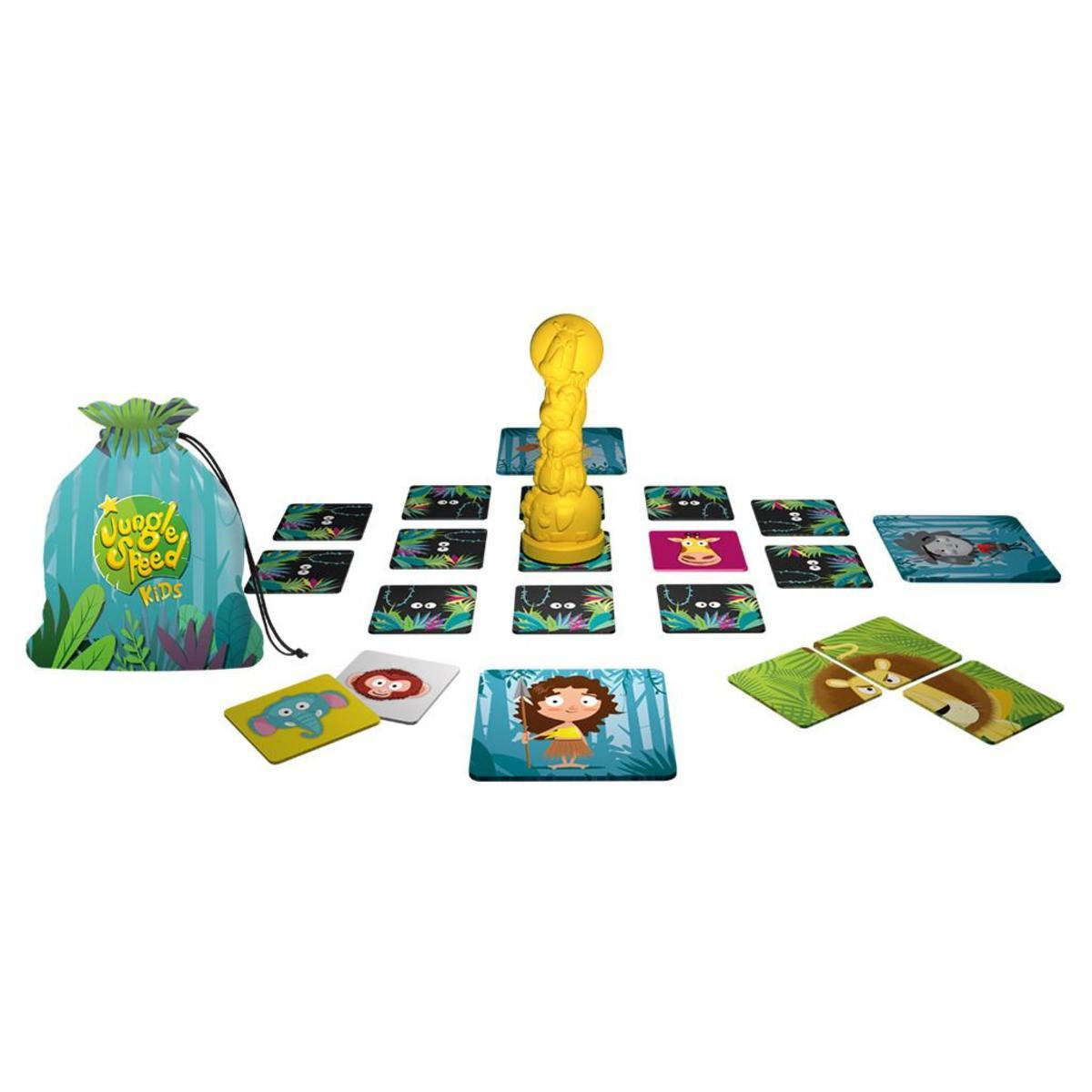 Juego Jungle Speed Kids con cartas, un tótem y una bolsa con cordón.