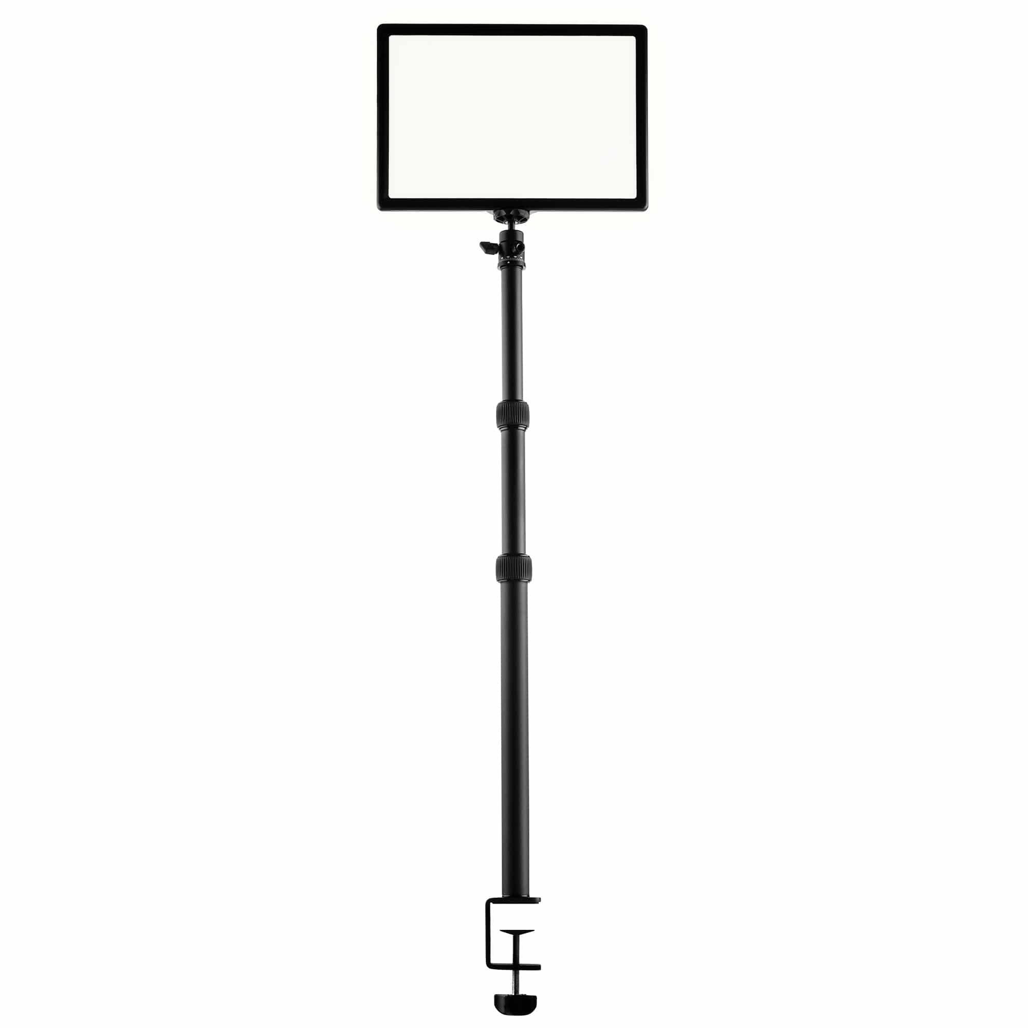 A black light panel on a stand with a clamp, white background.
