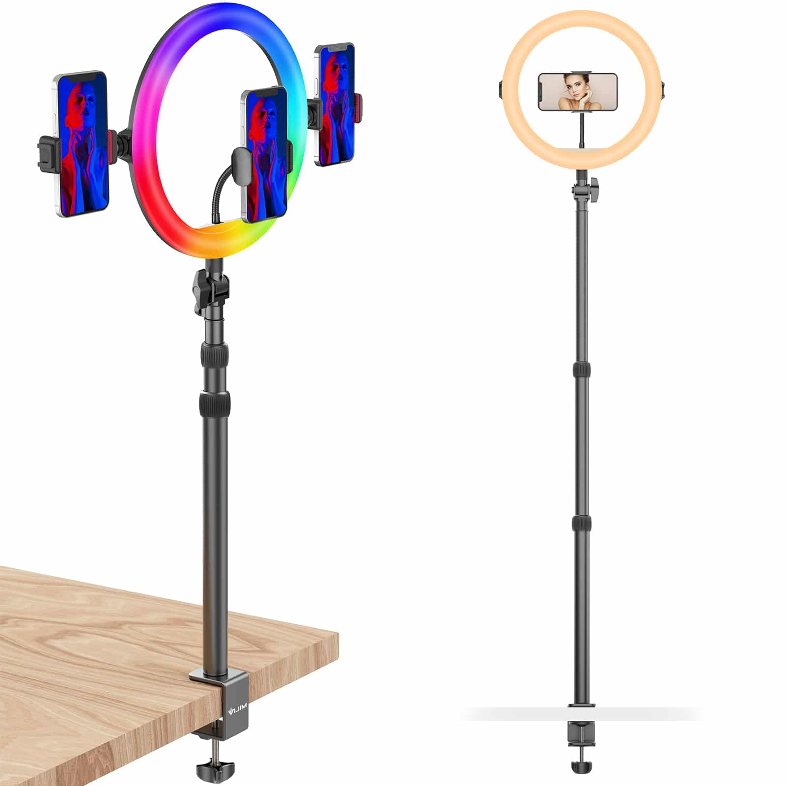 Ring light with phone holders. One on a stand with ring light, other with a rainbow light.