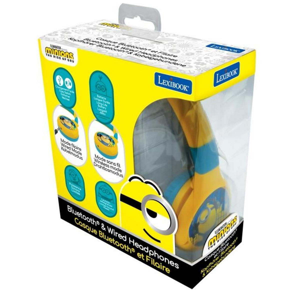 Una scatola con cuffie Minions. Colori giallo e blu. Mostra la modalità Bluetooth e cablata.