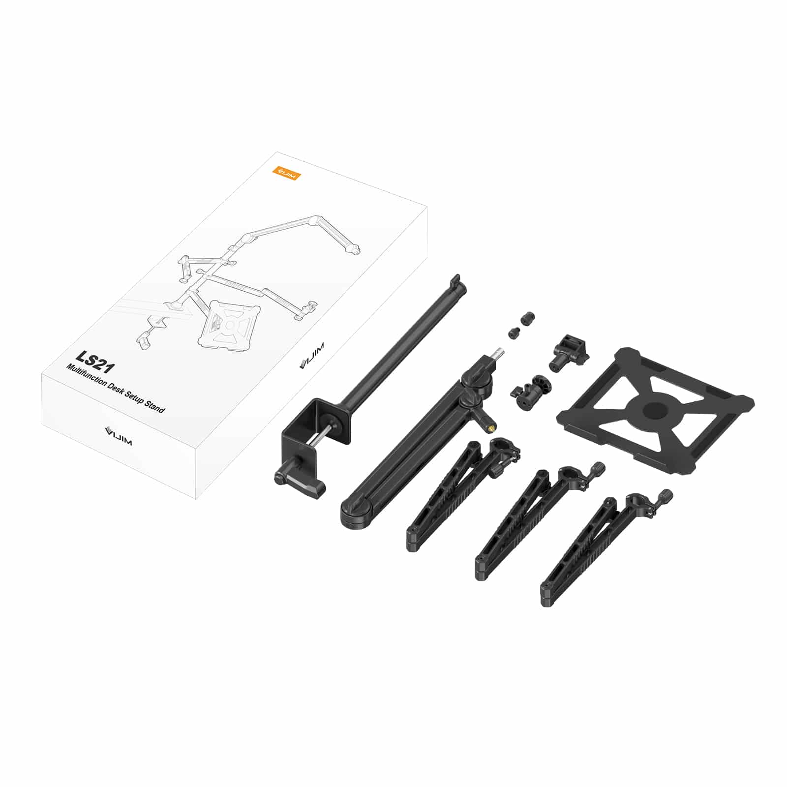 Black desk setup stand with multiple adjustable arms and clamps.