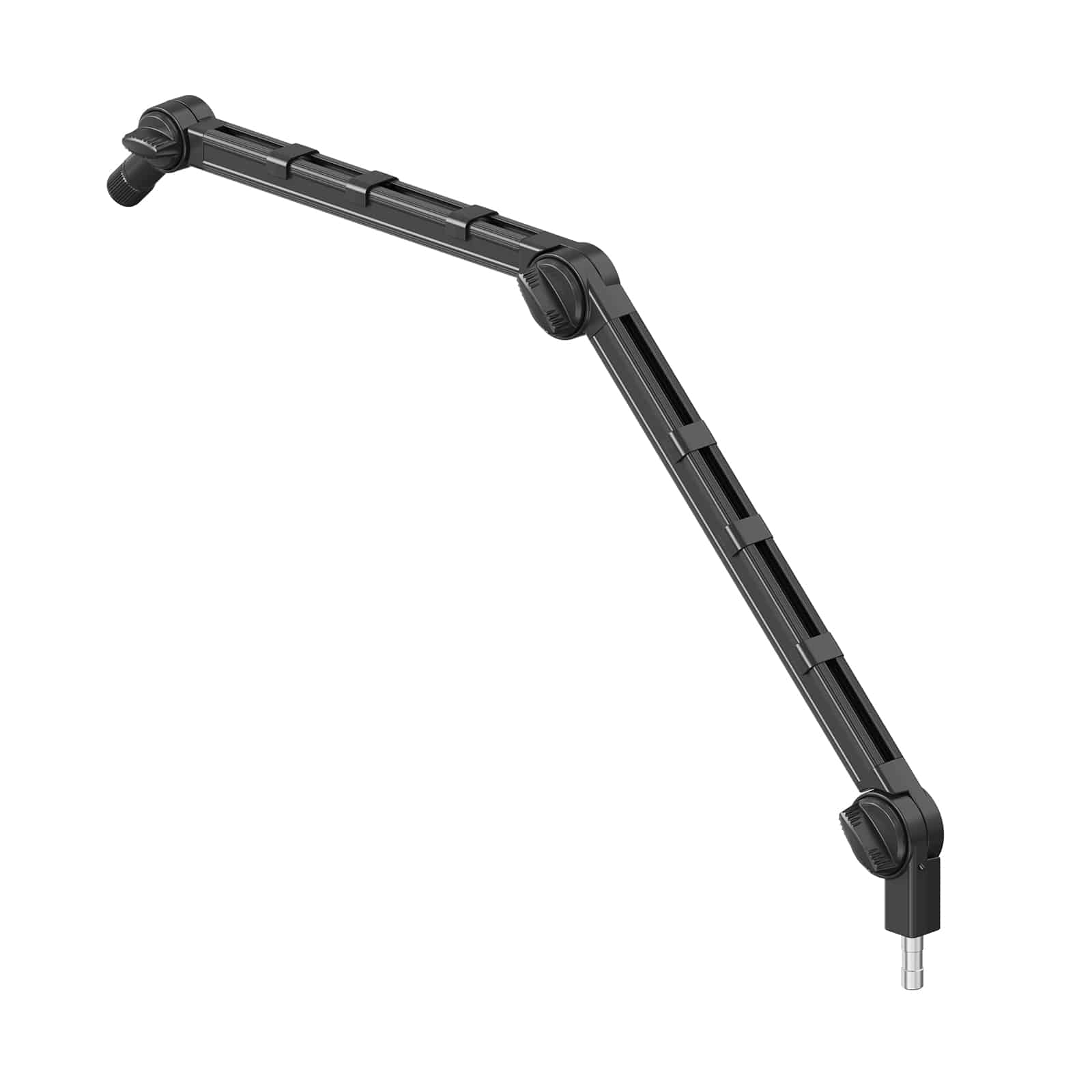 A black, adjustable microphone arm on a white background.