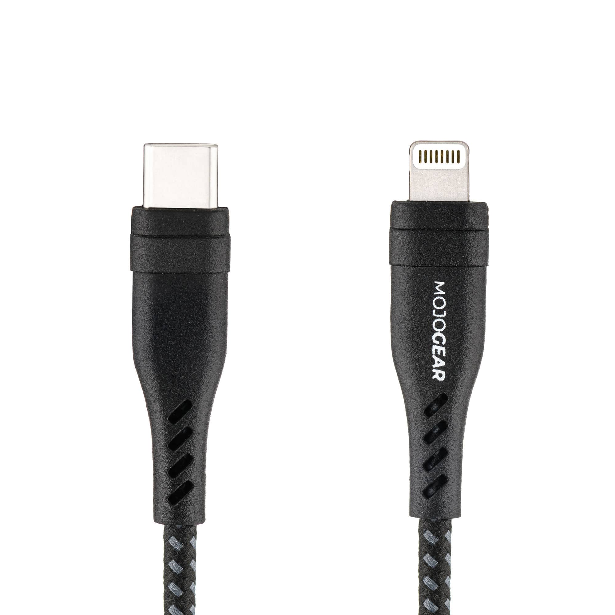 Câble USB-C vers Lightning noir et gris. Le câble est branché sur un ordinateur portable.