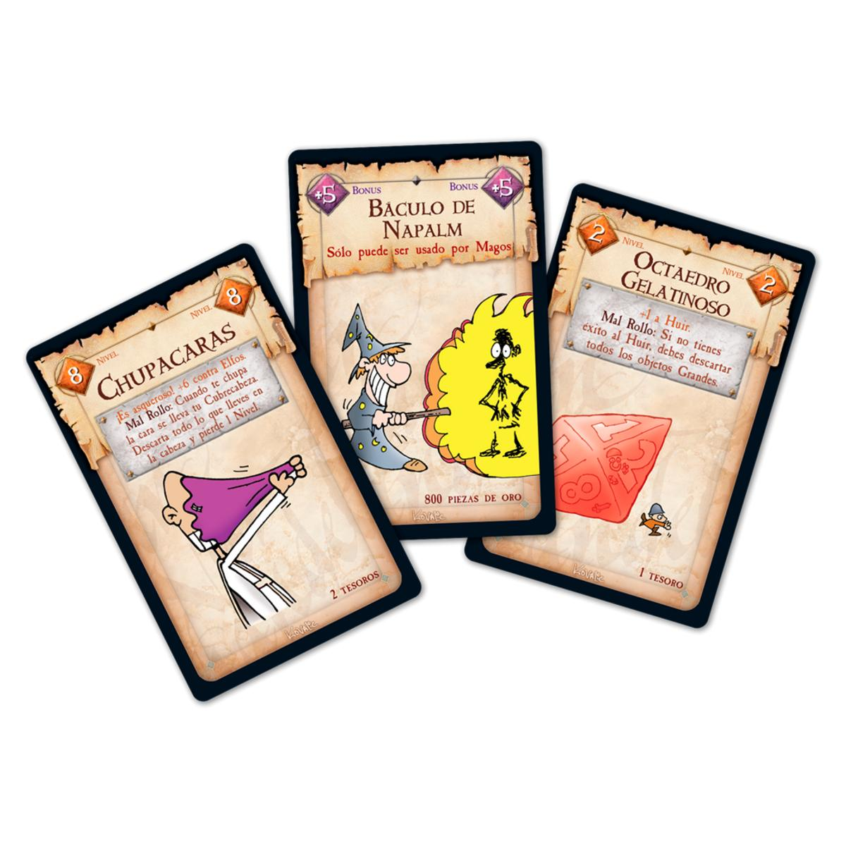 Drei Spielkarten. Chupacaras, Baculo de Napalm und Octaedro Gelatinoso. Cartoon-Illustrationen.