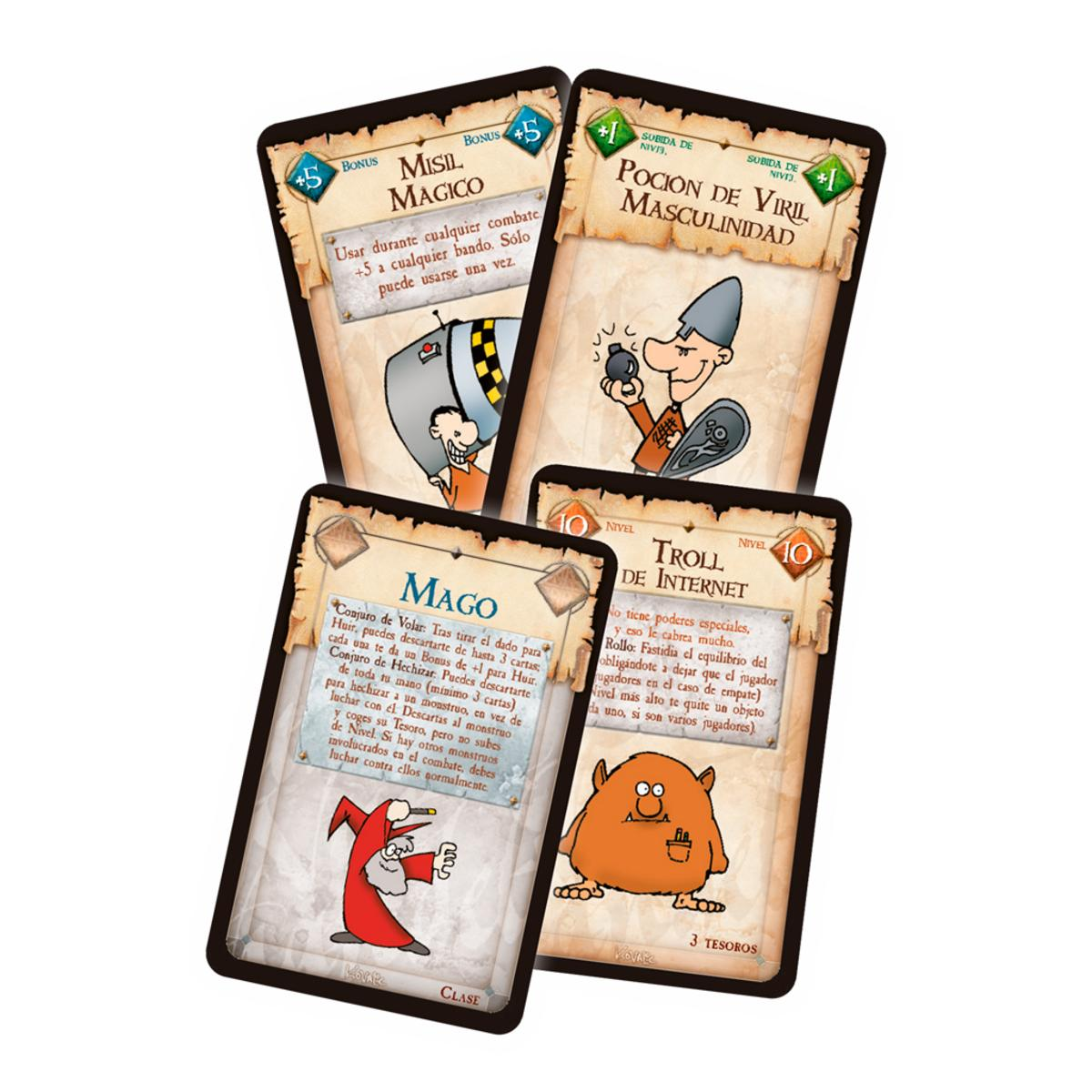 Vier Fantasy-Spielkarten mit Cartoonfiguren und Text. Weißer Hintergrund.