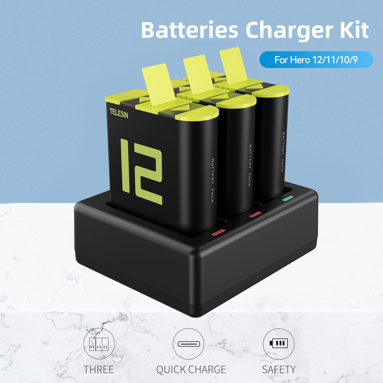 Een zwart-gele opladerkit voor Hero 12/11/10/9 batterijen, met drie batterijen.