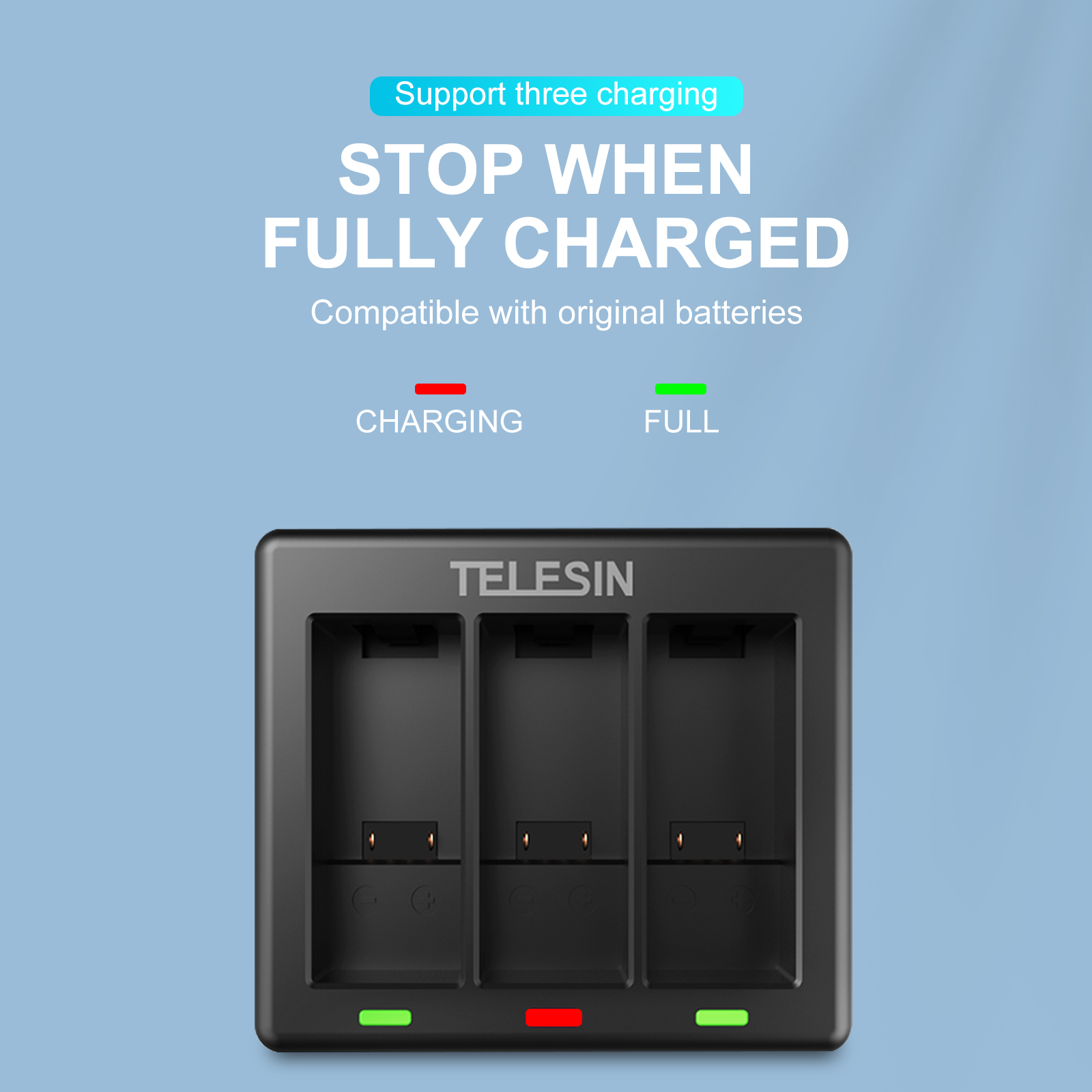 Zwarte oplader met drie sleuven, tekst 'STOP WHEN FULLY CHARGED' en laad-/vol-indicatoren.