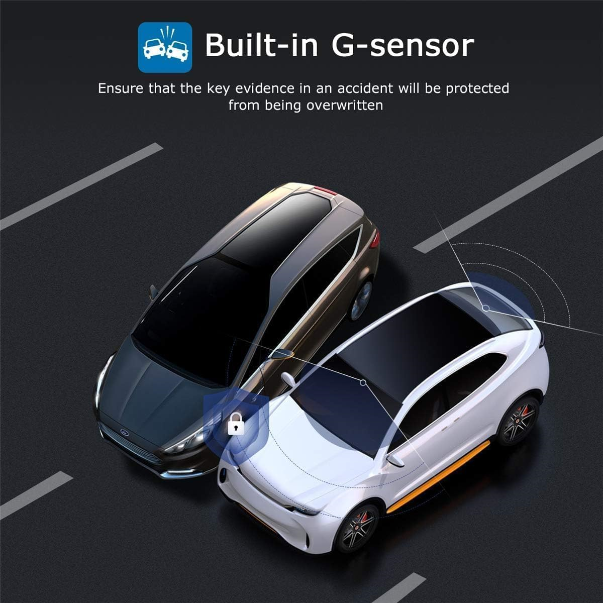 Zwei Auto-Illustrationen. Text: Eingebauter G-Sensor, schützt Unfallbeweise.