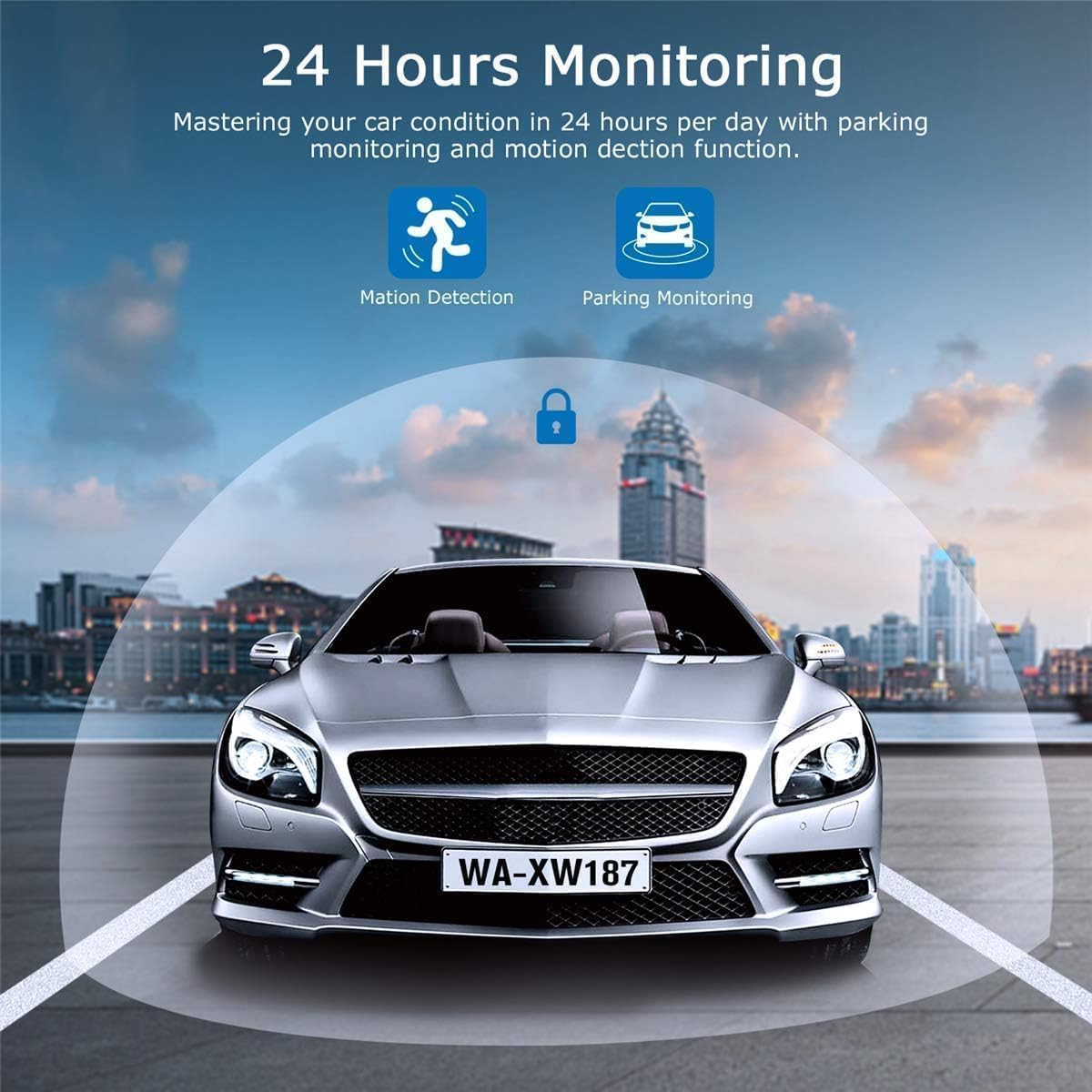 Silbernes Auto auf einer Straße. Blauer Himmel im Hintergrund. Text: '24 Stunden Überwachung' mit Icons.