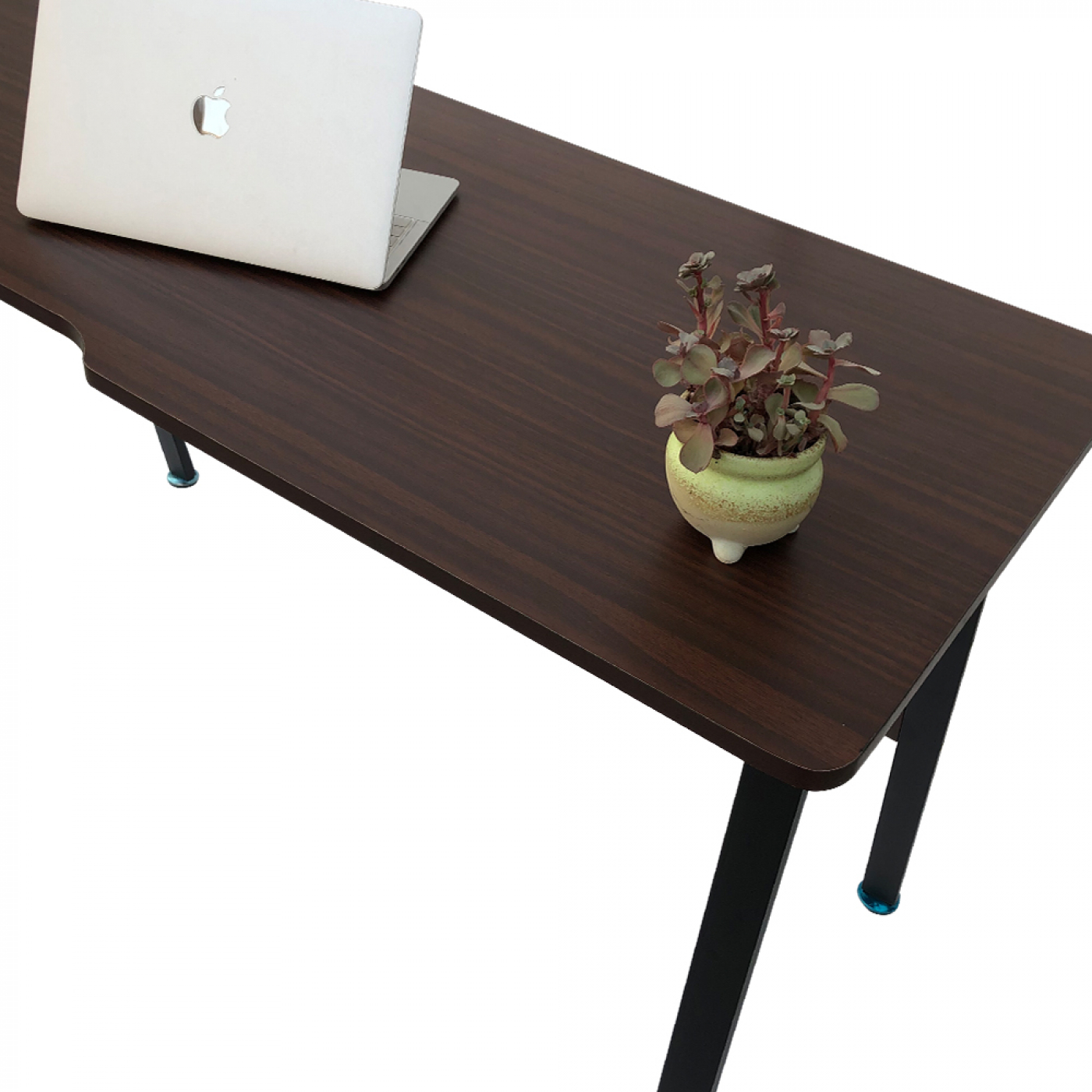 Een donkerhouten bureau met een laptop en een plant in een pot. Witte achtergrond.
