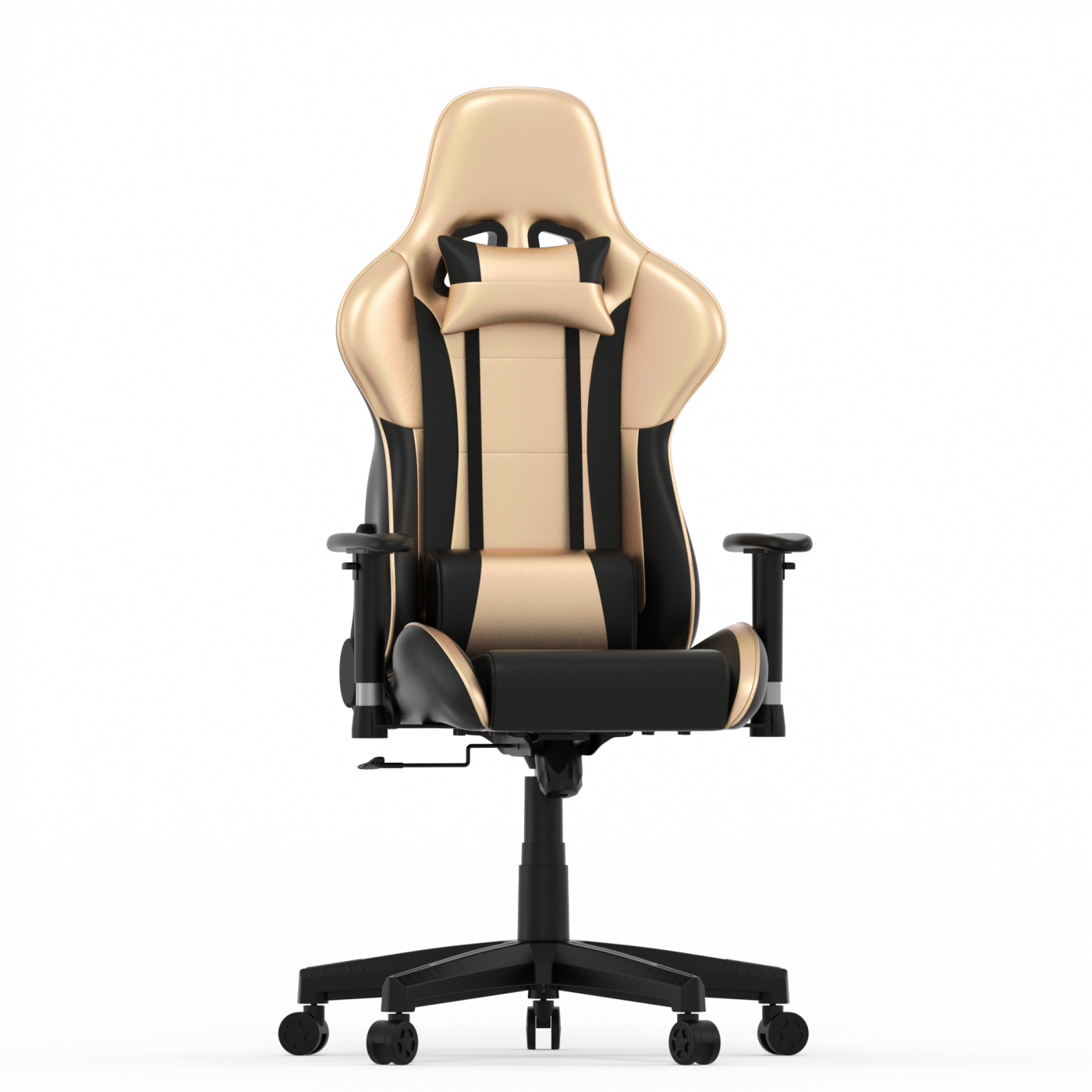 Een goud en zwarte gaming stoel met een hoofdsteun en armleuningen. Achtergrond is wit.
