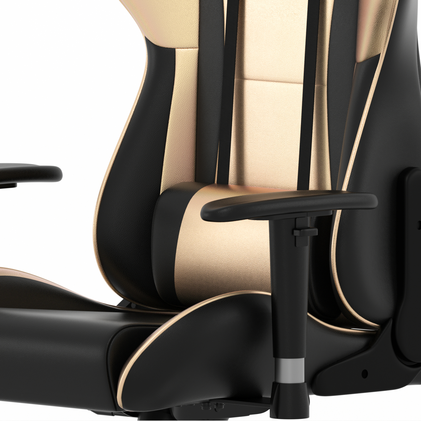 Gaming stoel details: goud en zwart, armleuning zichtbaar.