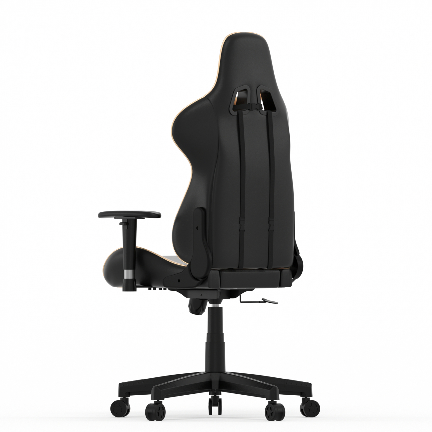 Gaming stoel, zwart met bruine accenten, achteraanzicht. Voorzien van een zwarte basis en een hoofdsteun.