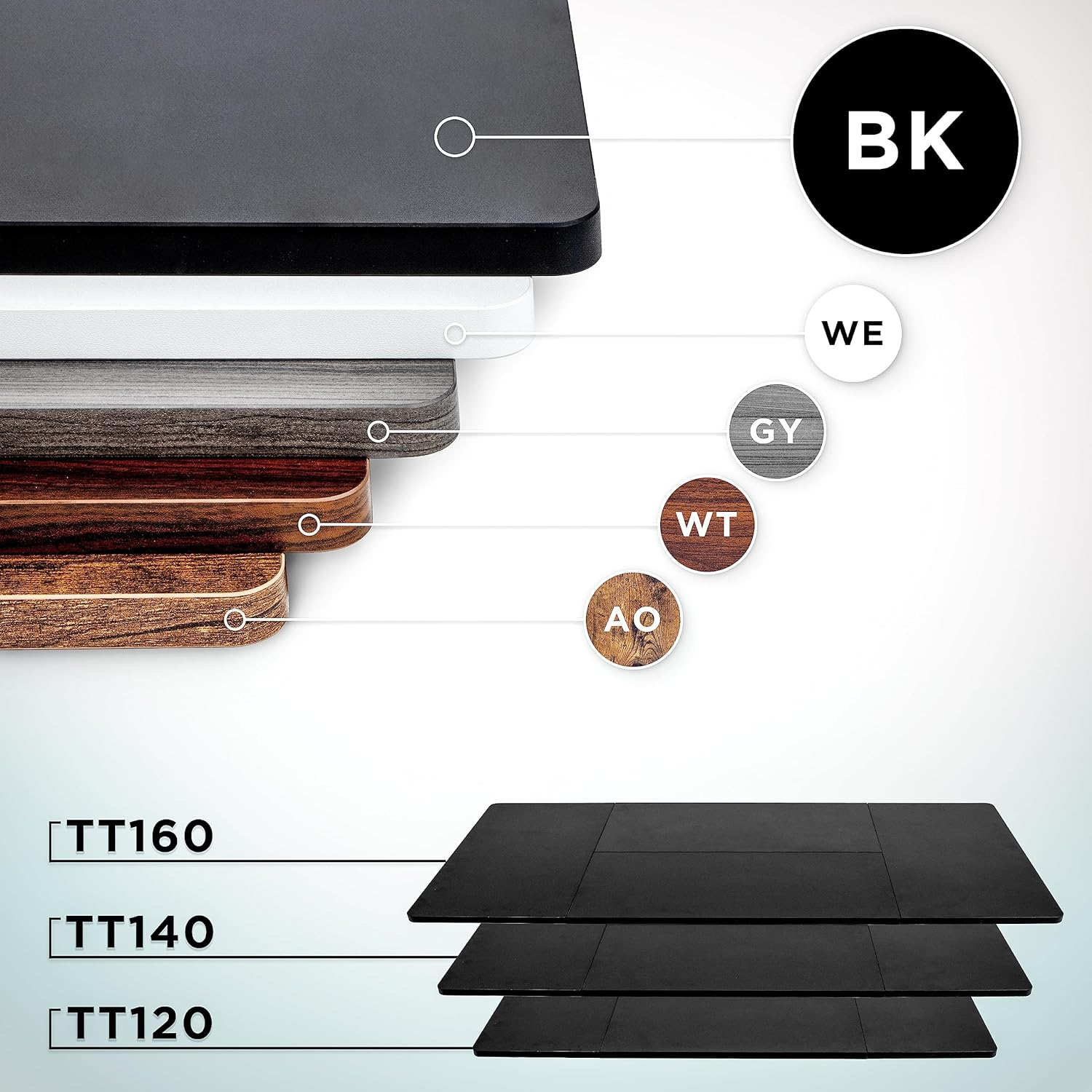 Gestapelte schwarze Tischplatten mit Farbetiketten. Eine visuelle Darstellung.