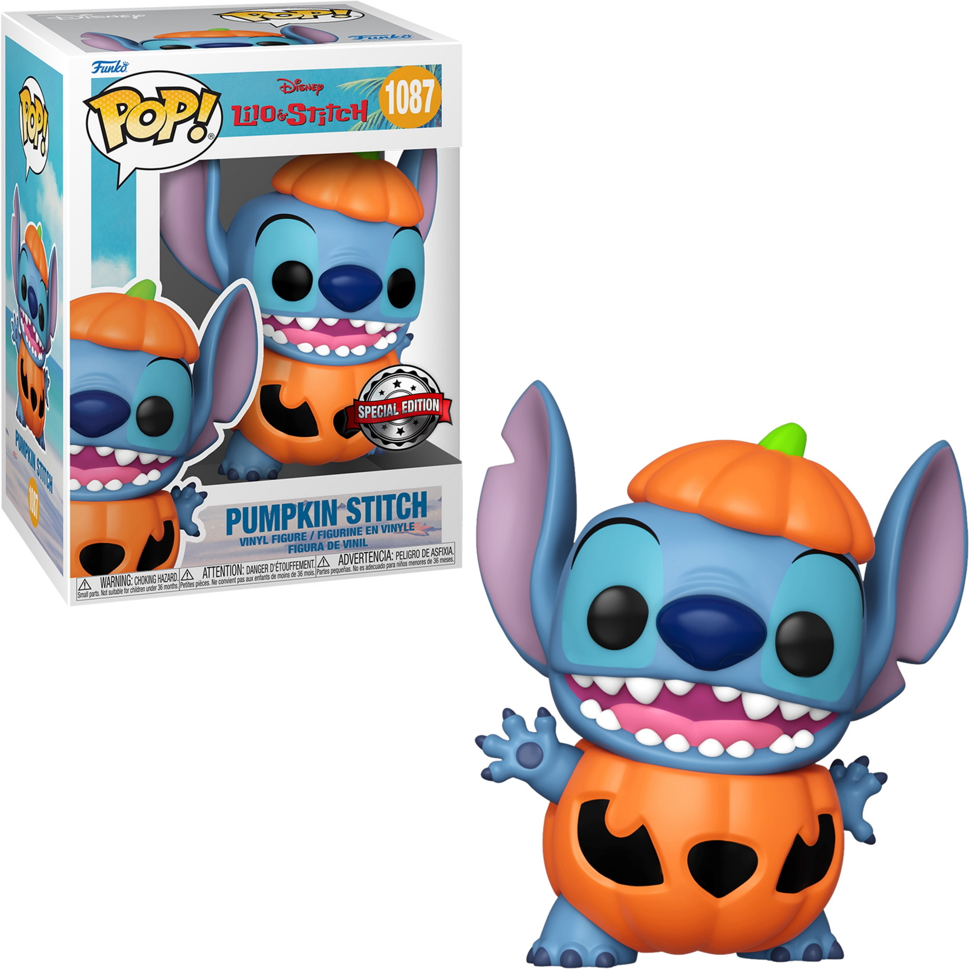 Funko Pop! of Stitch in a pumpkin costume, box and figurine.