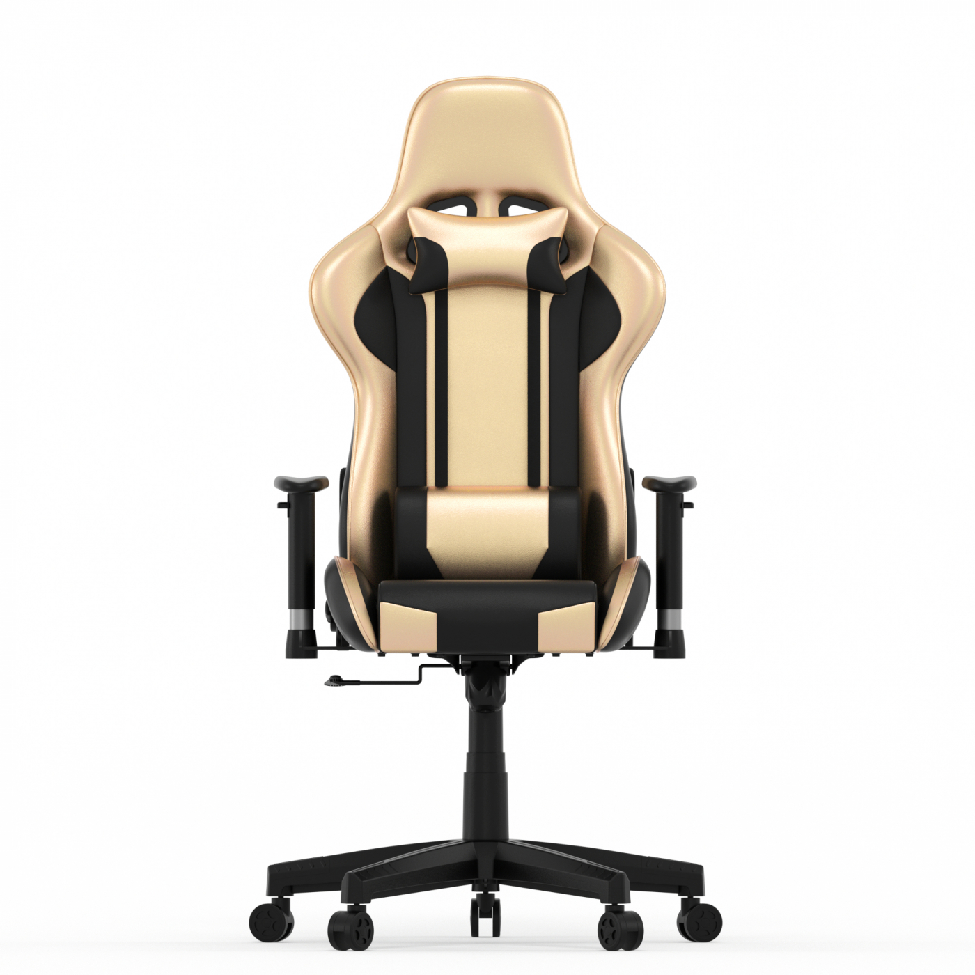 Een goudkleurige en zwarte gaming stoel met een zwarte basis en wielen.