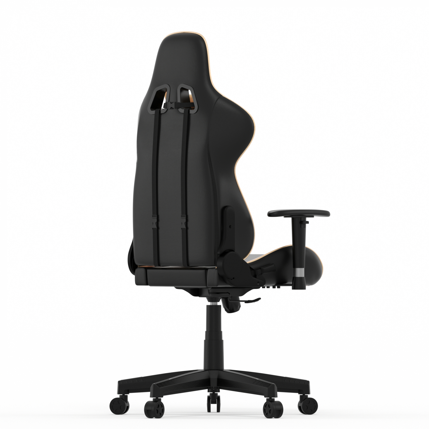 Gamingstoel in goud en zwart van achteren, op een witte achtergrond.
