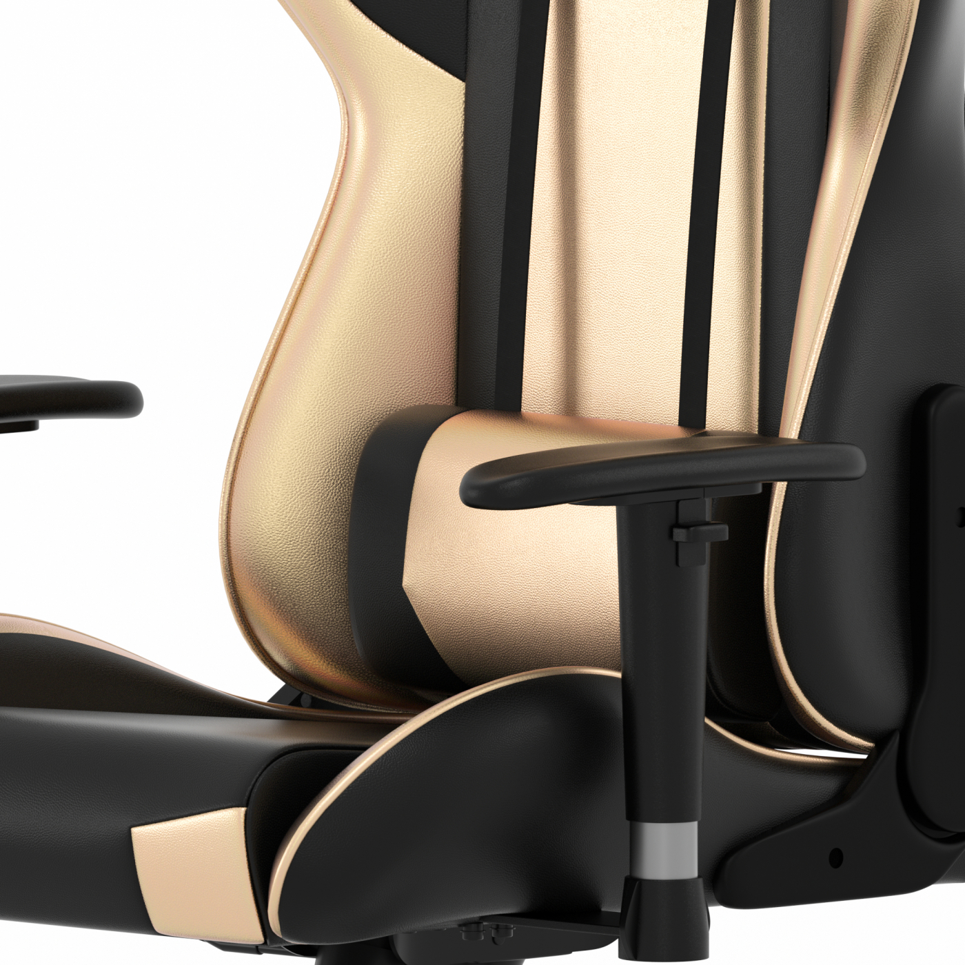 Close-up van een zwarte en gouden gamingstoel, met details van de rugleuning en armleuningen.