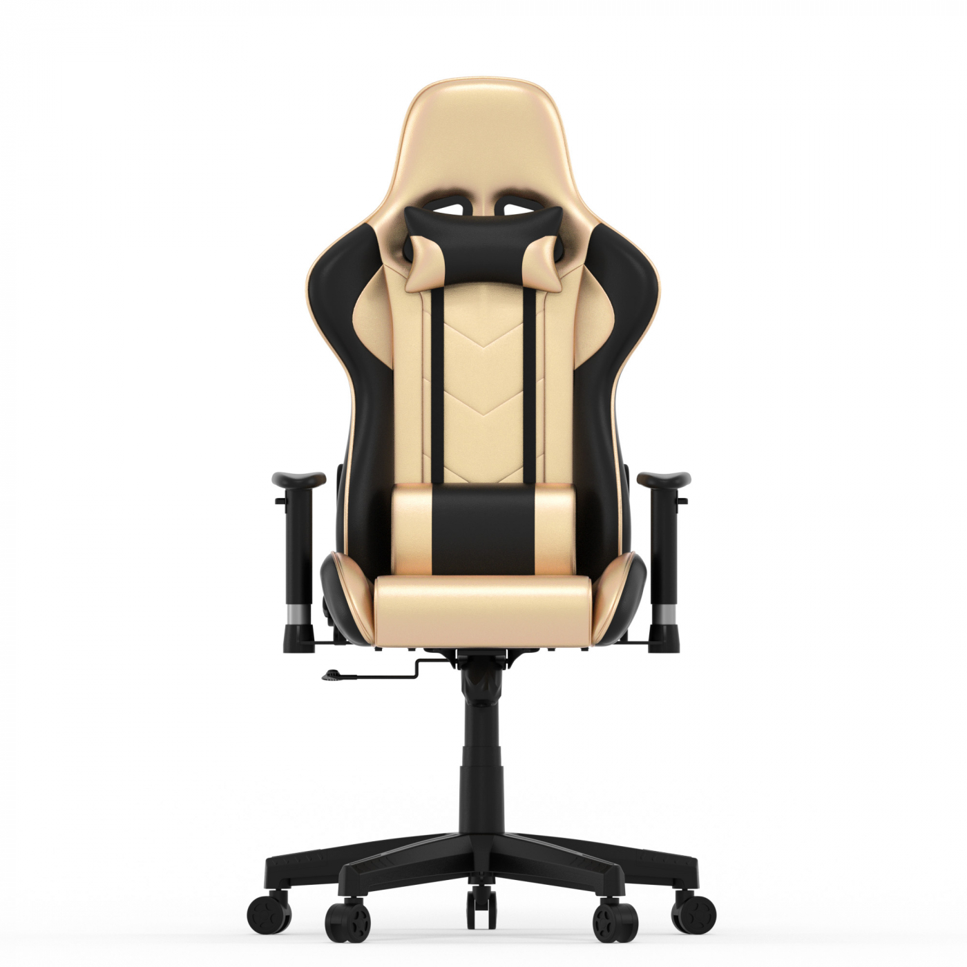 Een gouden en zwarte gaming stoel op een witte achtergrond. Het heeft een hoofdsteun en armleuningen.