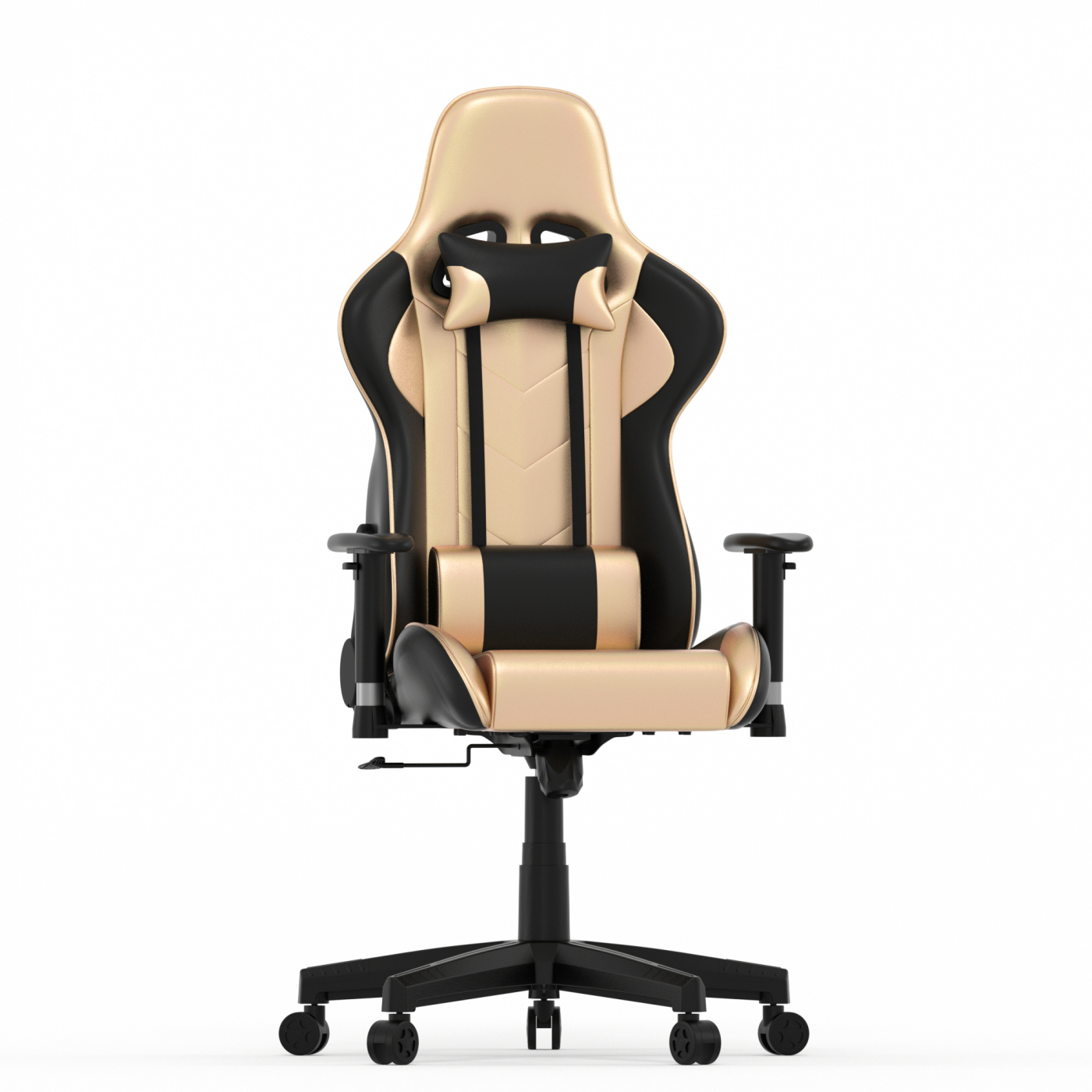 Een gouden gamingstoel. Het heeft zwarte accenten en zwarte wielen.