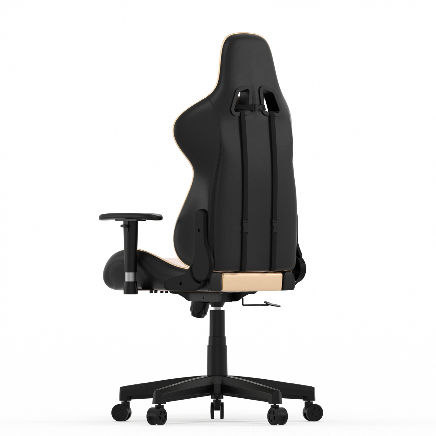 Een zwarte en beige gamingstoel van achteren met een zwart onderstel en wielen.