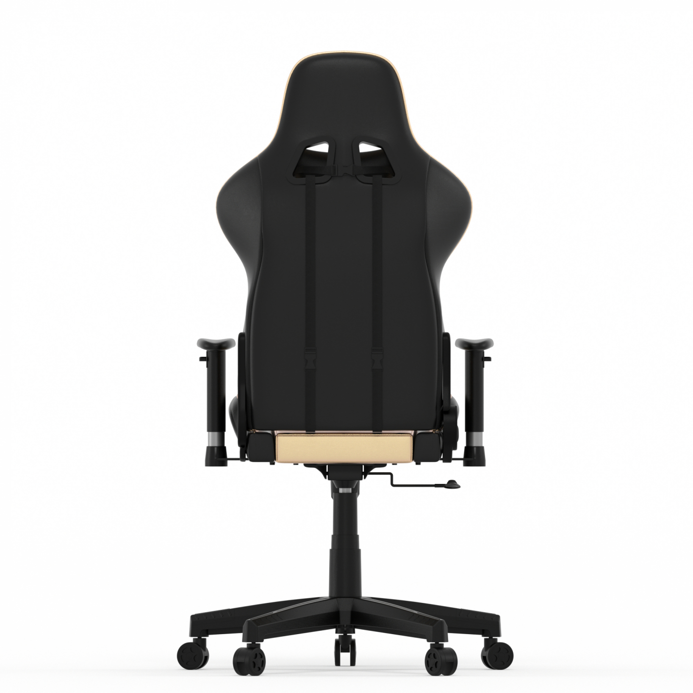 Achteraanzicht van een zwarte en beige gamingstoel op witte achtergrond.