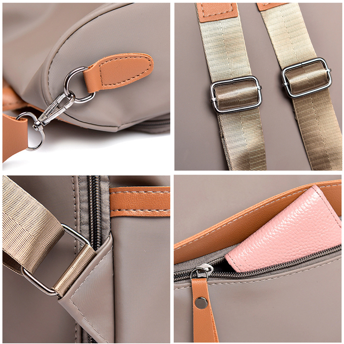 Nahaufnahme einer beigefarbenen Handtasche mit braunen Riemen und Details. Weißer Hintergrund.