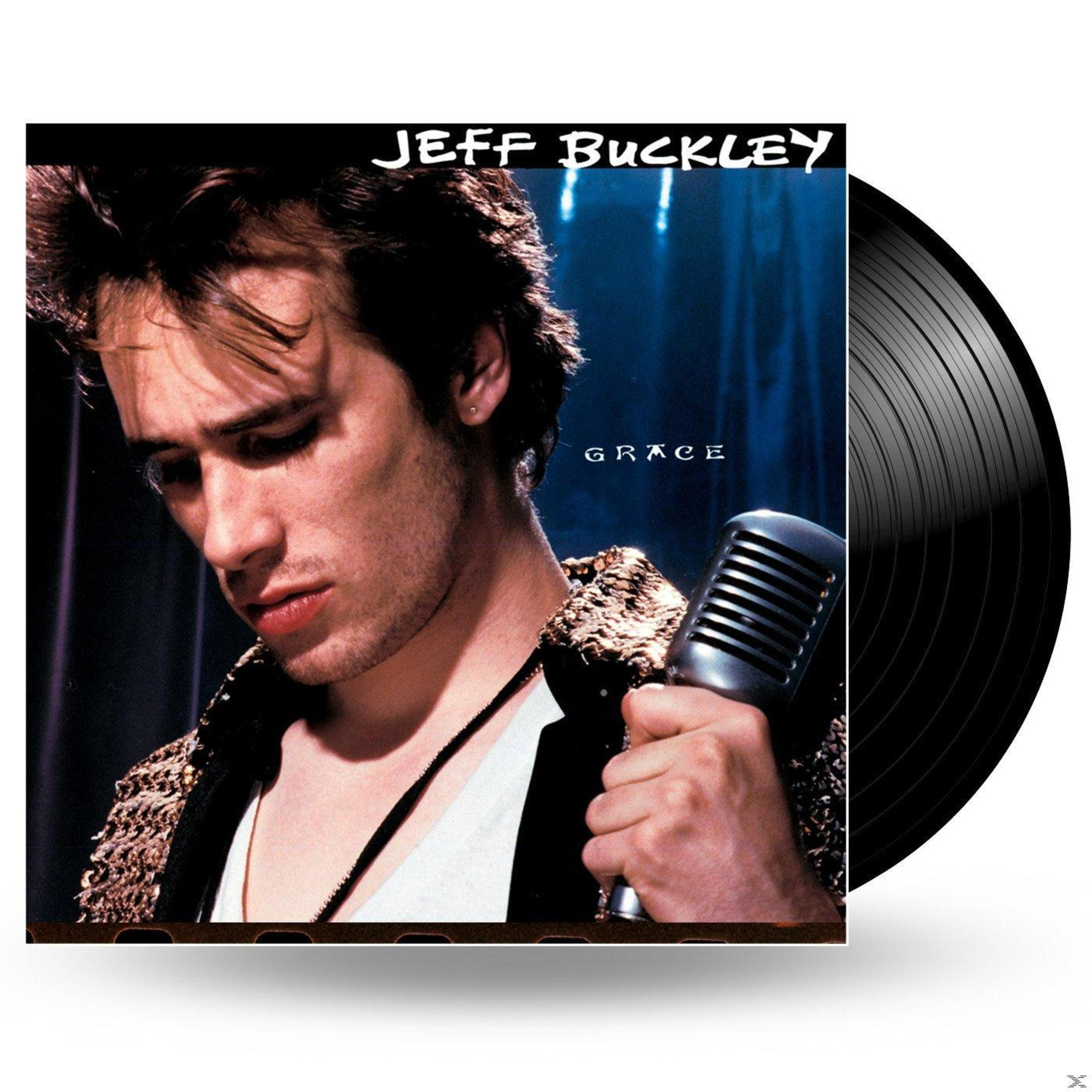 Albumcover von Jeff Buckley mit Mikrofon, Text 'GRACE' und 'JEFF BUCKLEY'. Eine Schallplatte ist sichtbar.