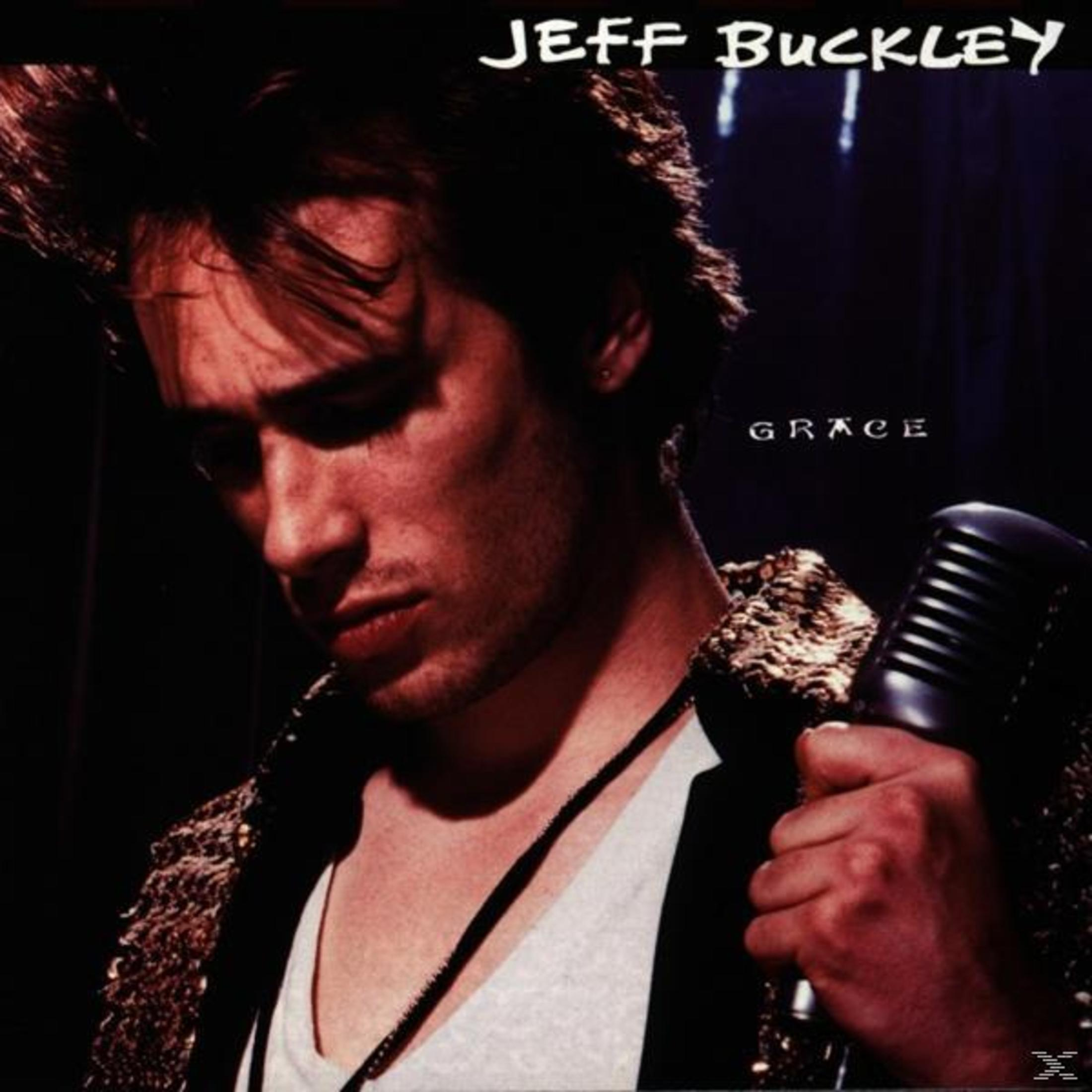 Jeff Buckley, Albumcover. Nahaufnahme eines Mannes mit Mikrofon. Text 'Grace'.