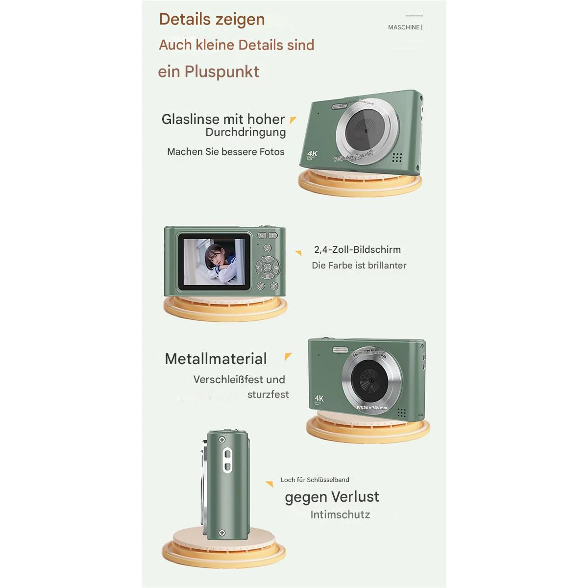 Eine Werbung für eine Kamera mit Details.