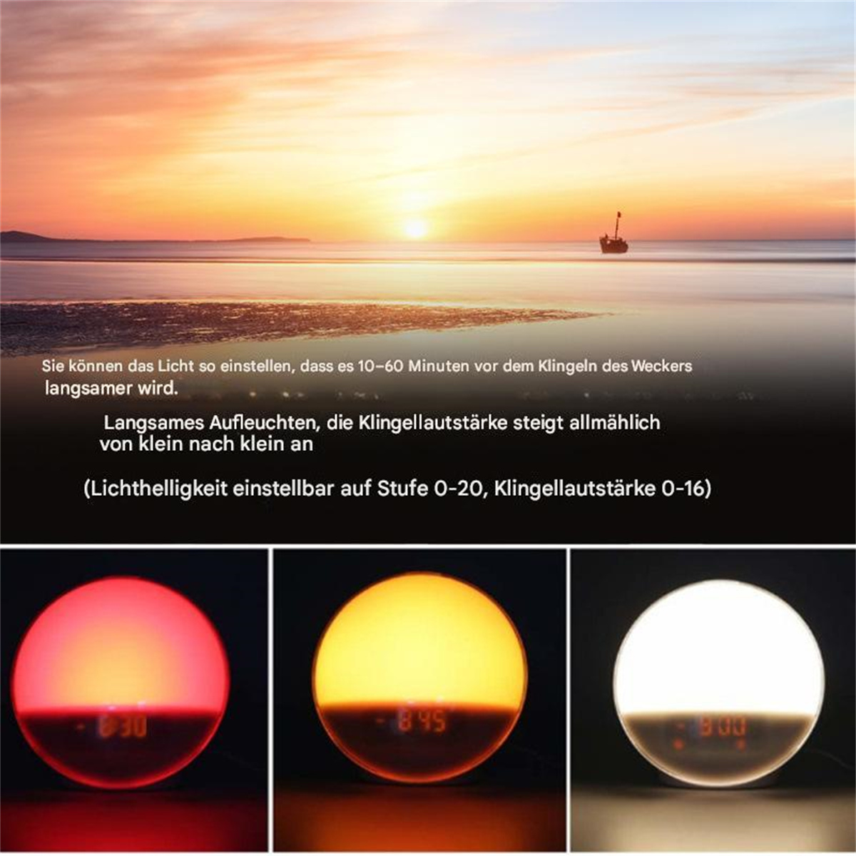 Weckeranzeige mit Sonnenaufgangsbildern. Text darunter. Weißer Hintergrund.
