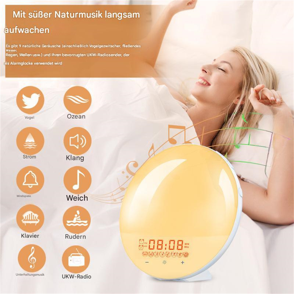 Frau im Bett neben einem Wecker mit Licht und Symbolen.
