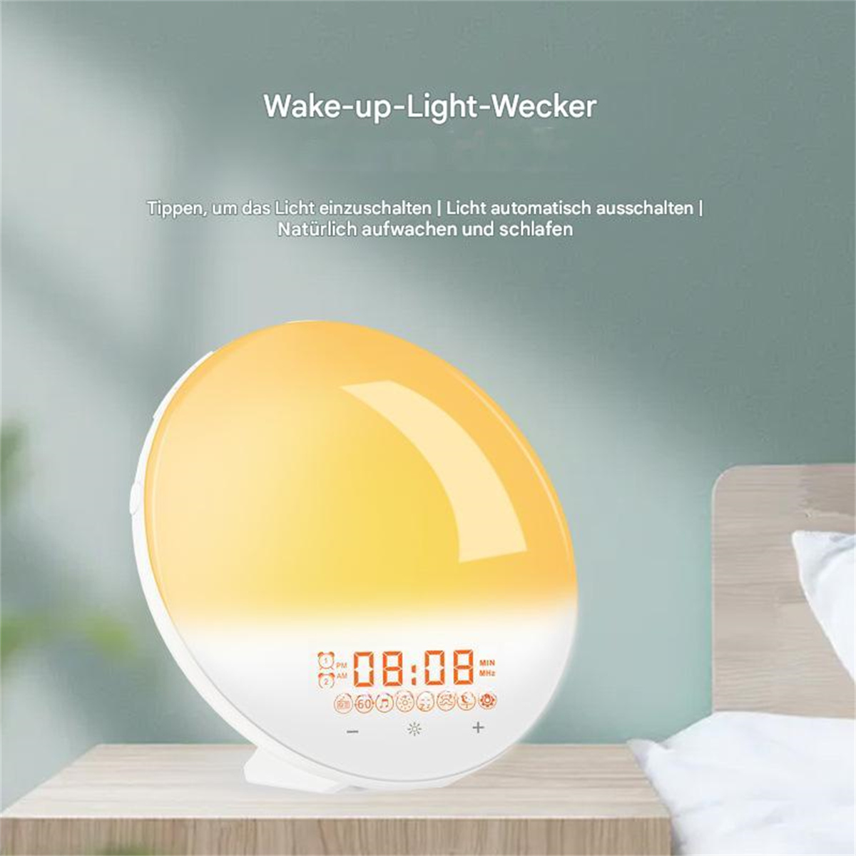 Ein Wecker mit Aufwachlicht. Die Uhr zeigt die Zeit an und hat Knöpfe. Sie steht auf einer Holzoberfläche.