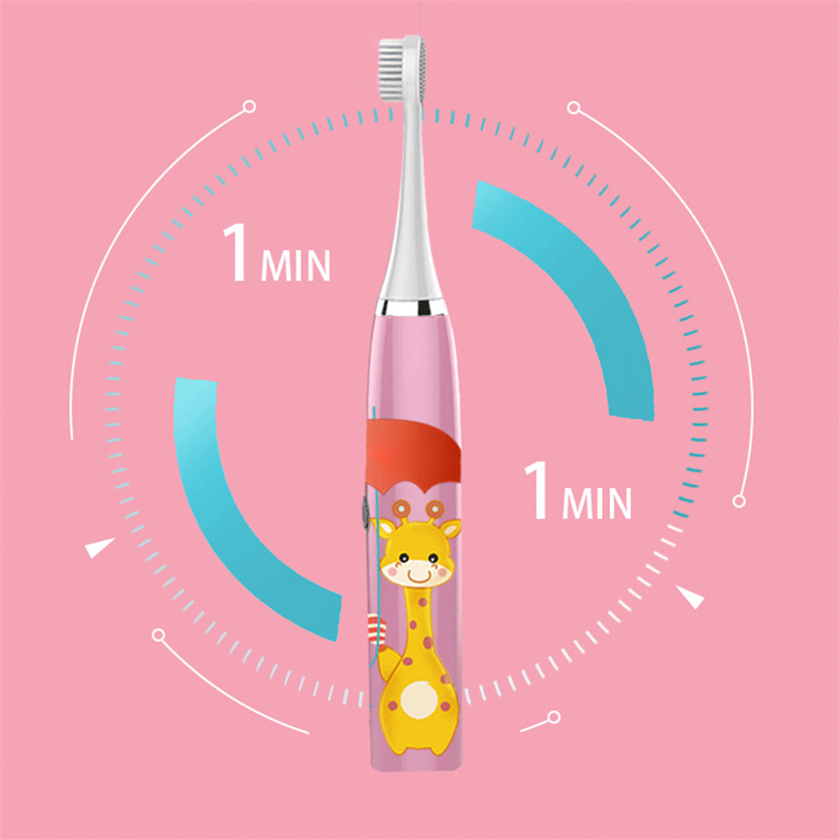 Eine rosa elektrische Zahnbürste mit Giraffenmotiv, umgeben von einem 1-Minuten-Timer.