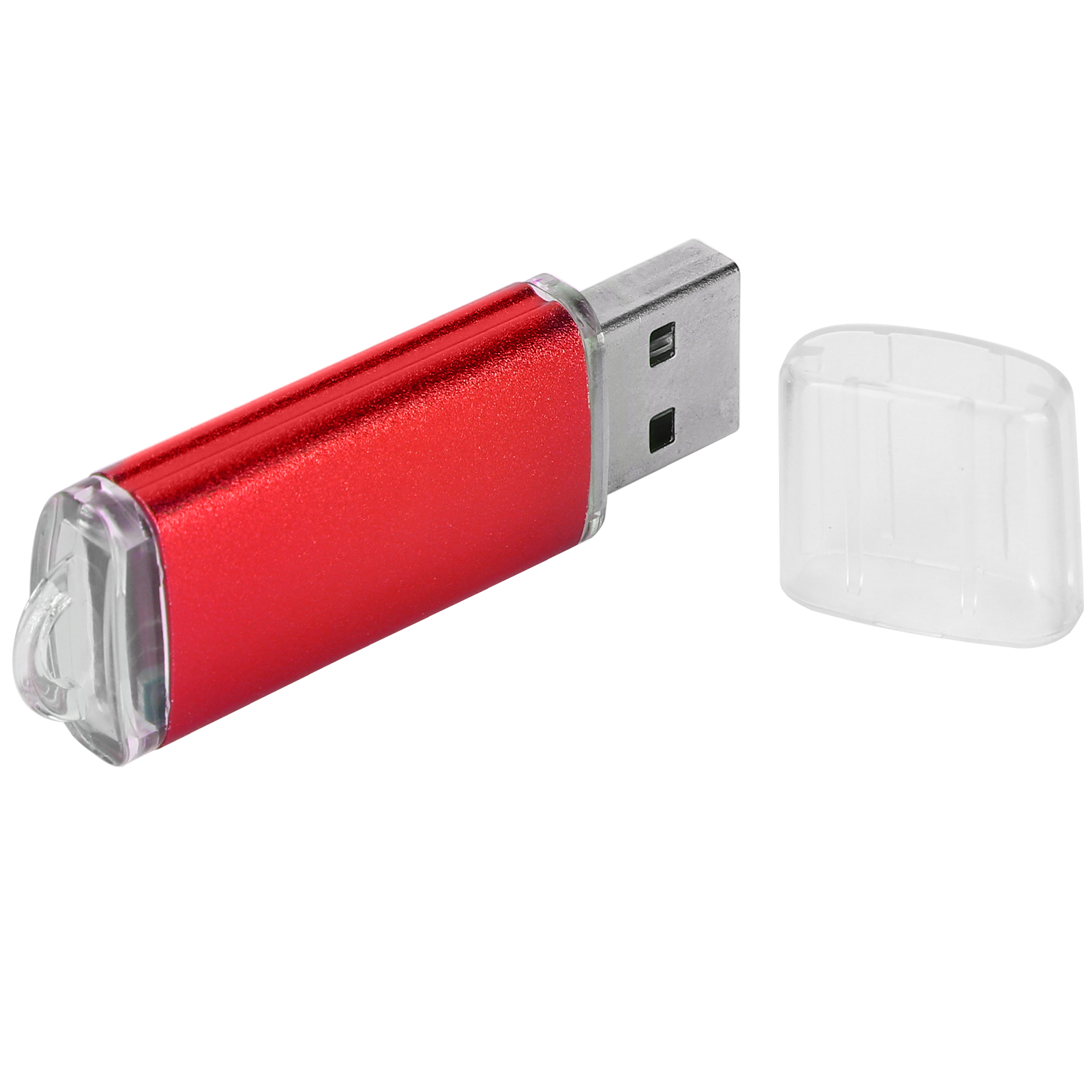 Ein roter USB-Stick mit durchsichtiger Kunststoffkappe, isoliert auf Weiß.