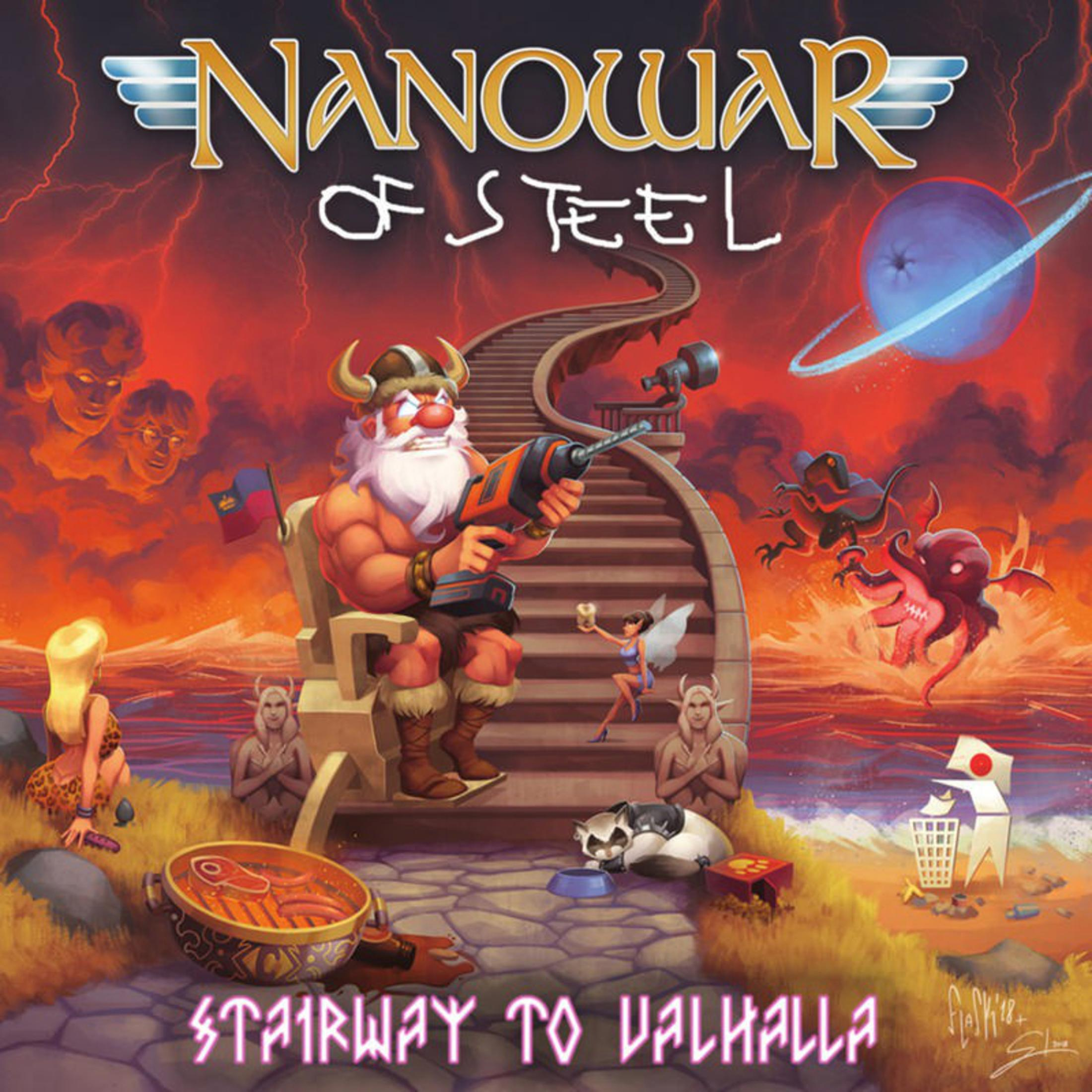 Albumhoes, Nanowar of Steel, Stairway to Valhalla. Cartoon illustratie, vikingen en fantasiefiguren.