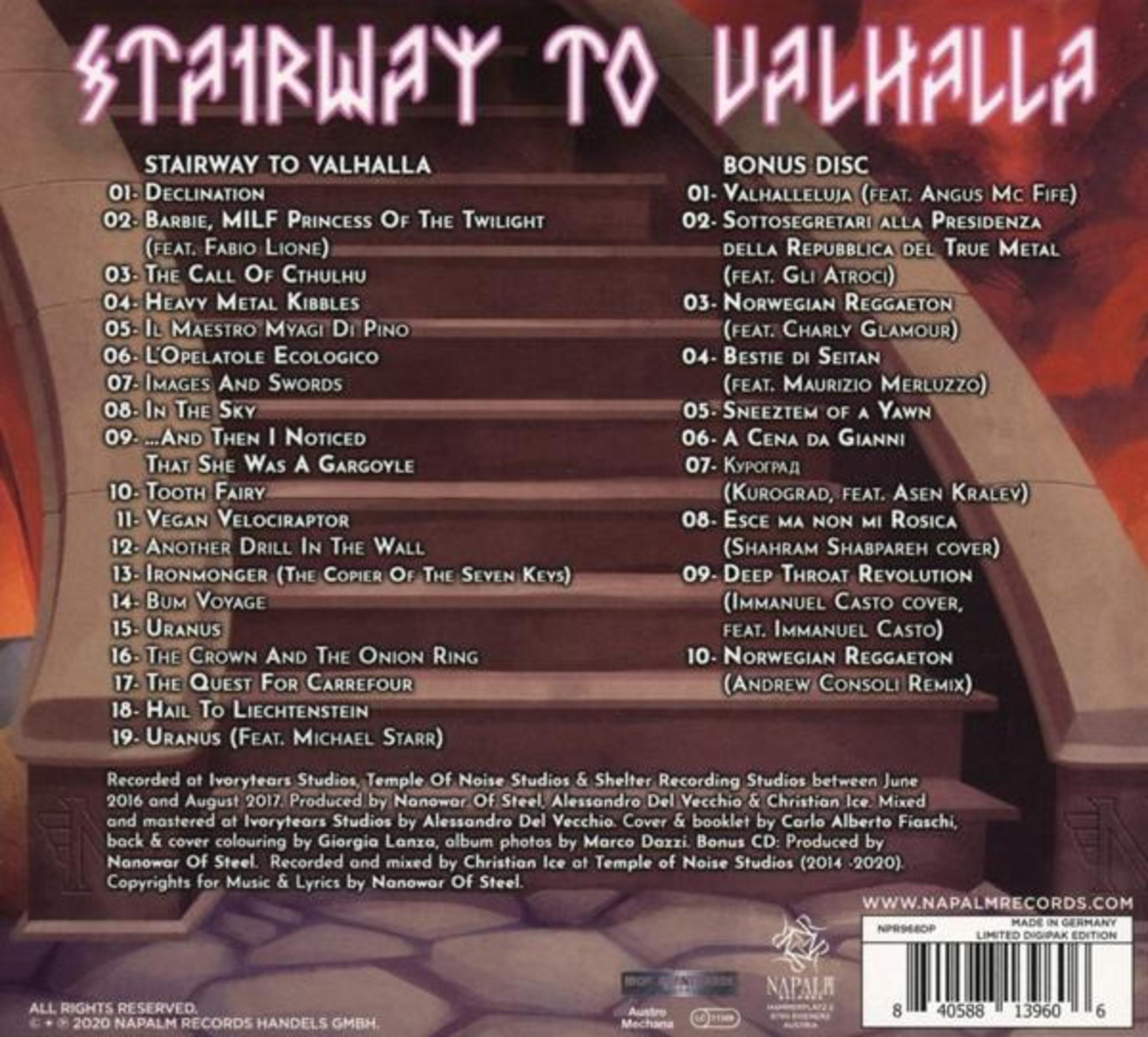 Albumhoes met tekst "Stairway to Valhalla" en een lijst met nummers. Zwart, wit en groen kleurenschema.