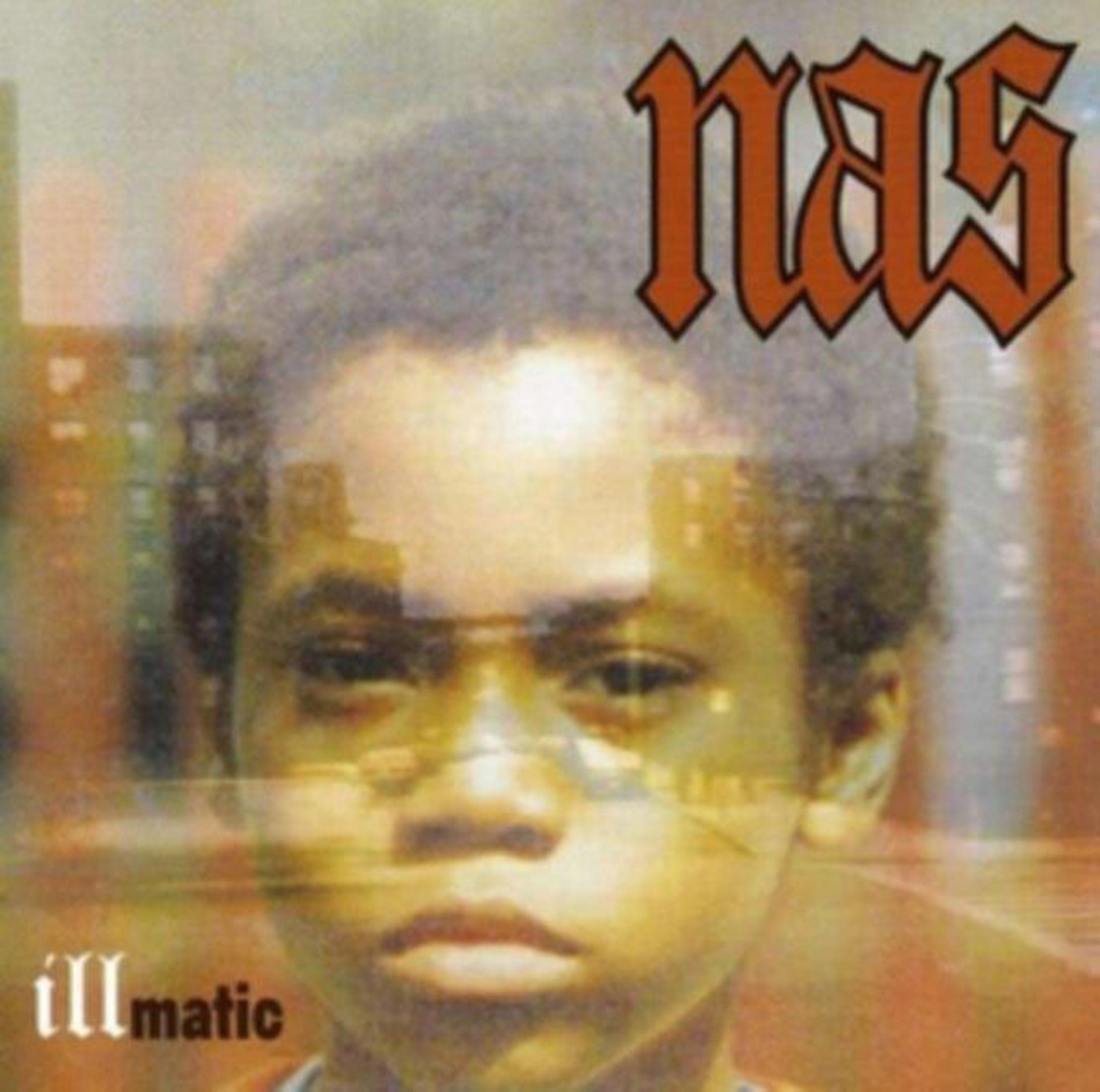Copertina dell'album con la faccia dell'artista, la parola "nas" in arancione e "illmatic" in basso.
