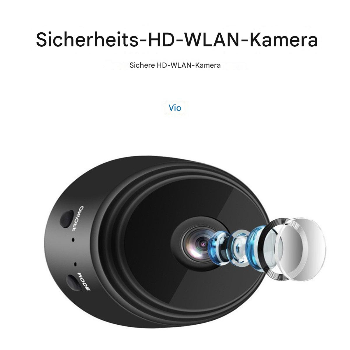 Eine kleine schwarze Überwachungskamera. Sie hat ein Objektiv und ein paar Knöpfe, mit deutschem Text darüber.