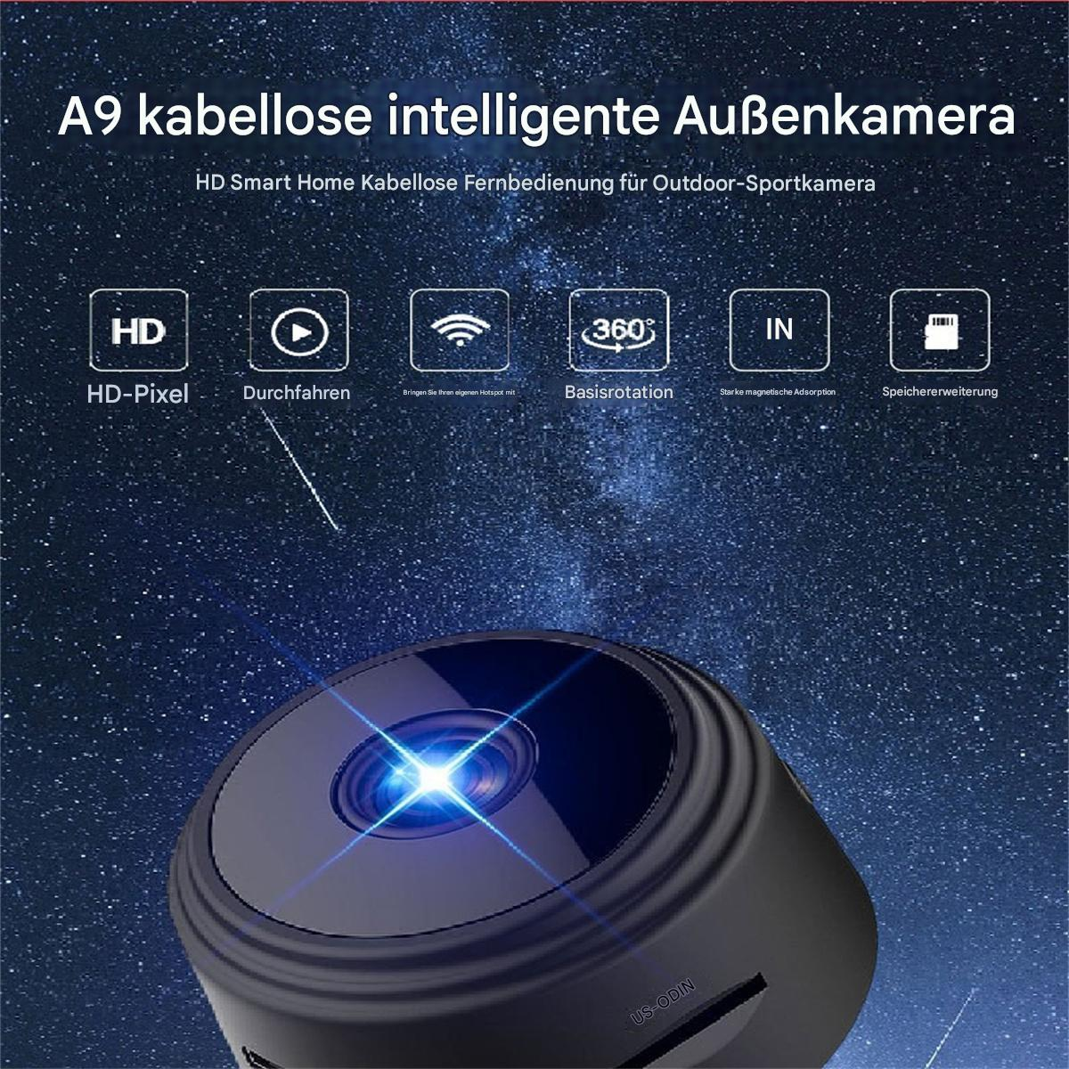 Kleine schwarze Kamera mit Objektiv und Text über Funktionen vor sternenklarem Hintergrund.